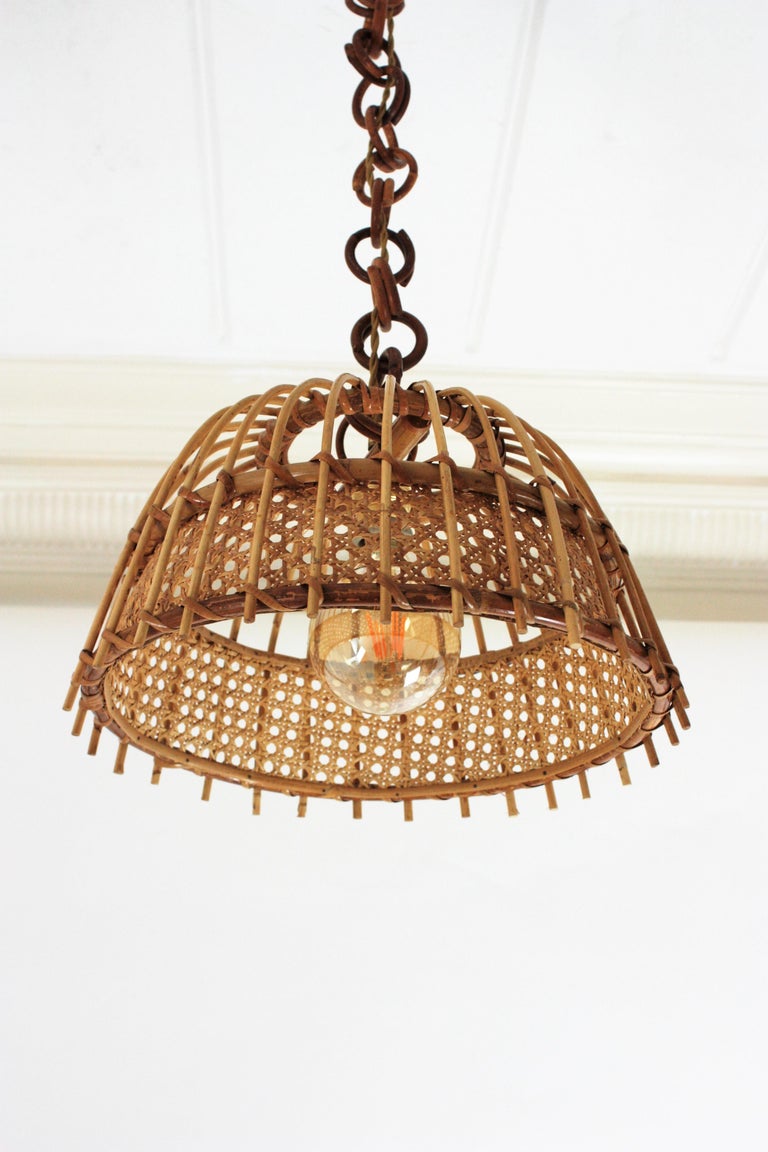 Pair of Rattan and Wicker Wire Bell Pendants or Hanging Lights, 1960s