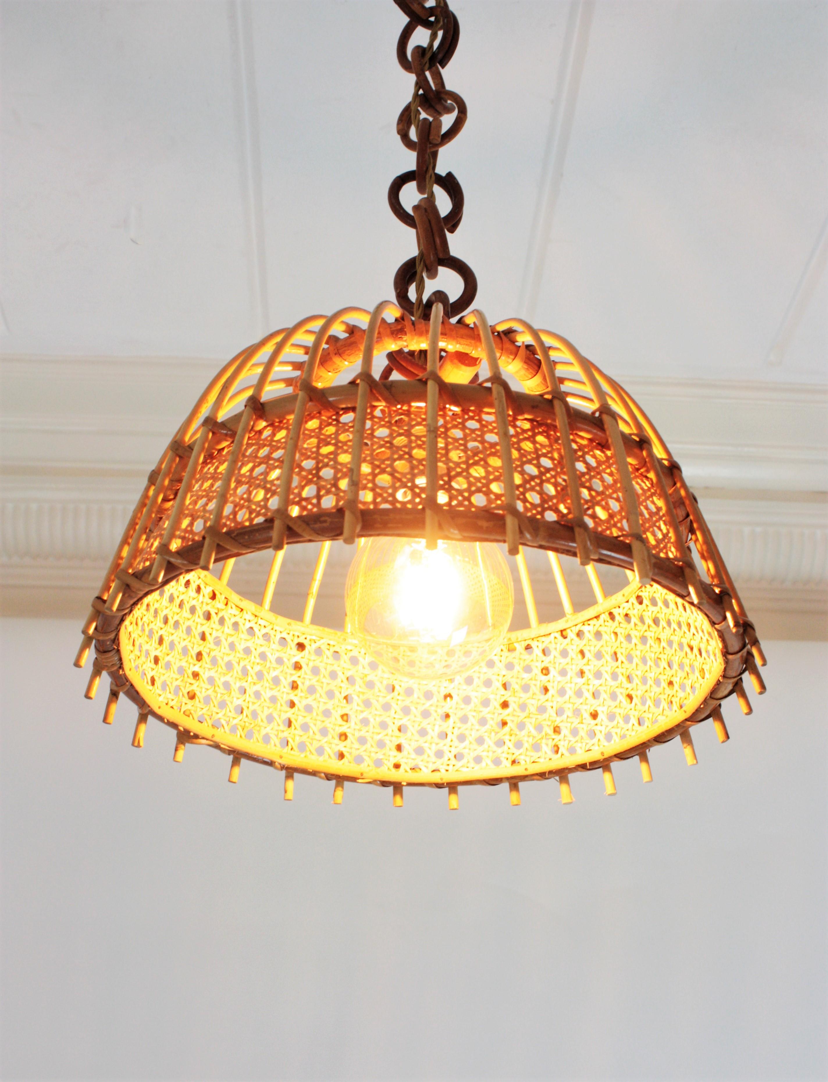 Pair of Rattan and Wicker Wire Bell Pendants or Hanging Lights, 1960s 6