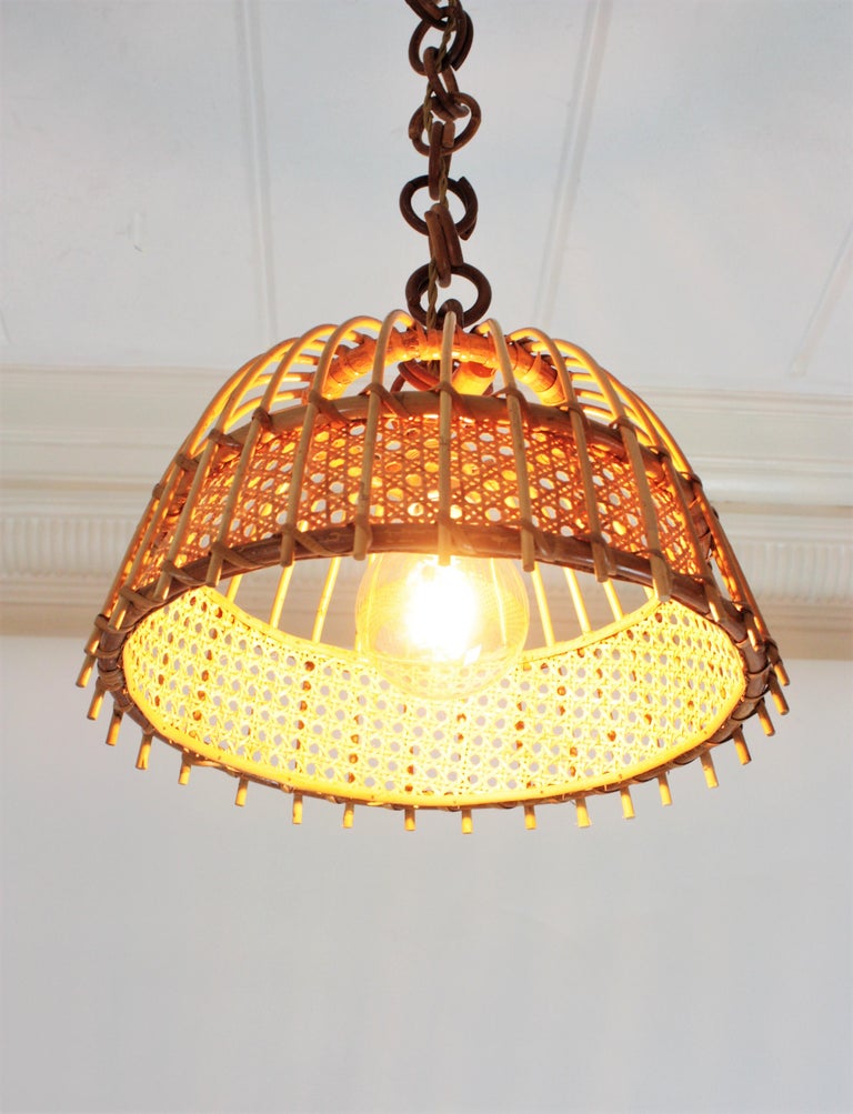 Pair of Rattan and Wicker Wire Bell Pendants or Hanging Lights, 1960s
