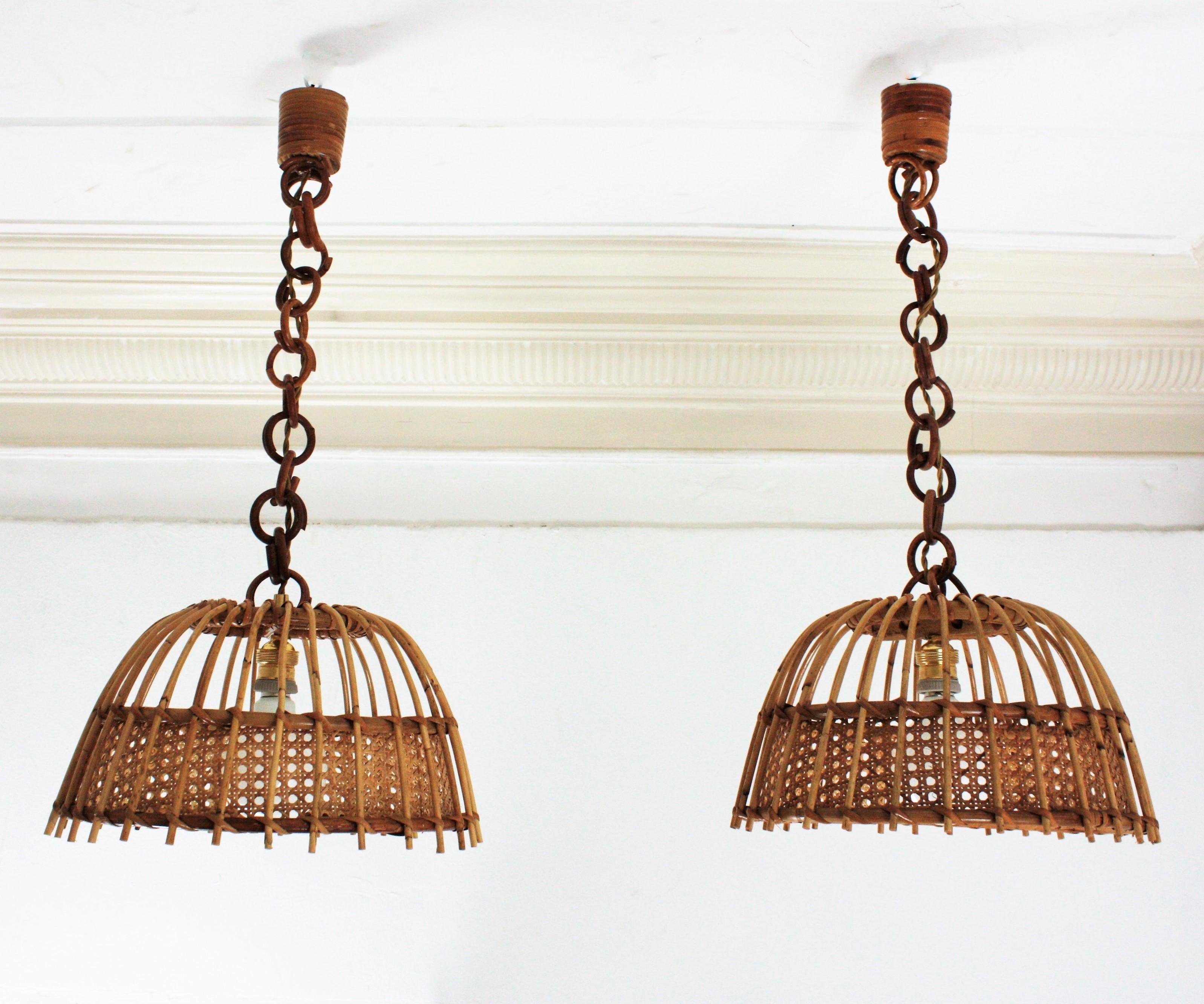 Pair of Rattan and Wicker Wire Bell Pendants or Hanging Lights, 1960s 7
