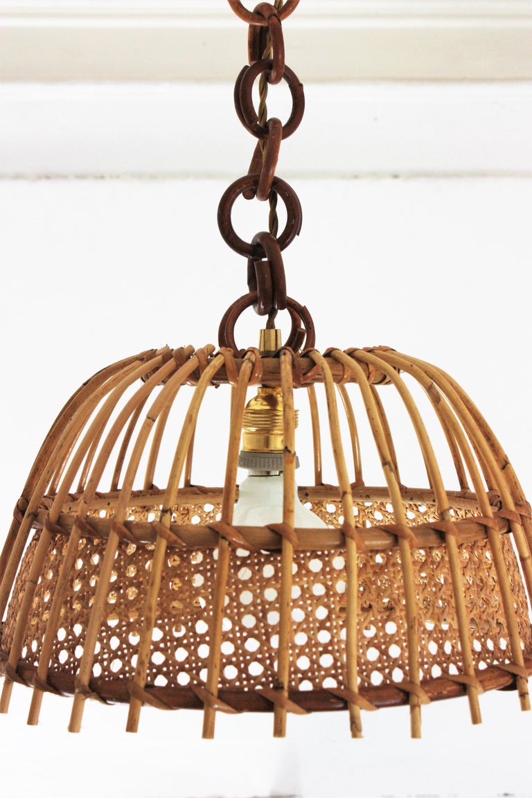 Pair of Rattan and Wicker Wire Bell Pendants or Hanging Lights, 1960s