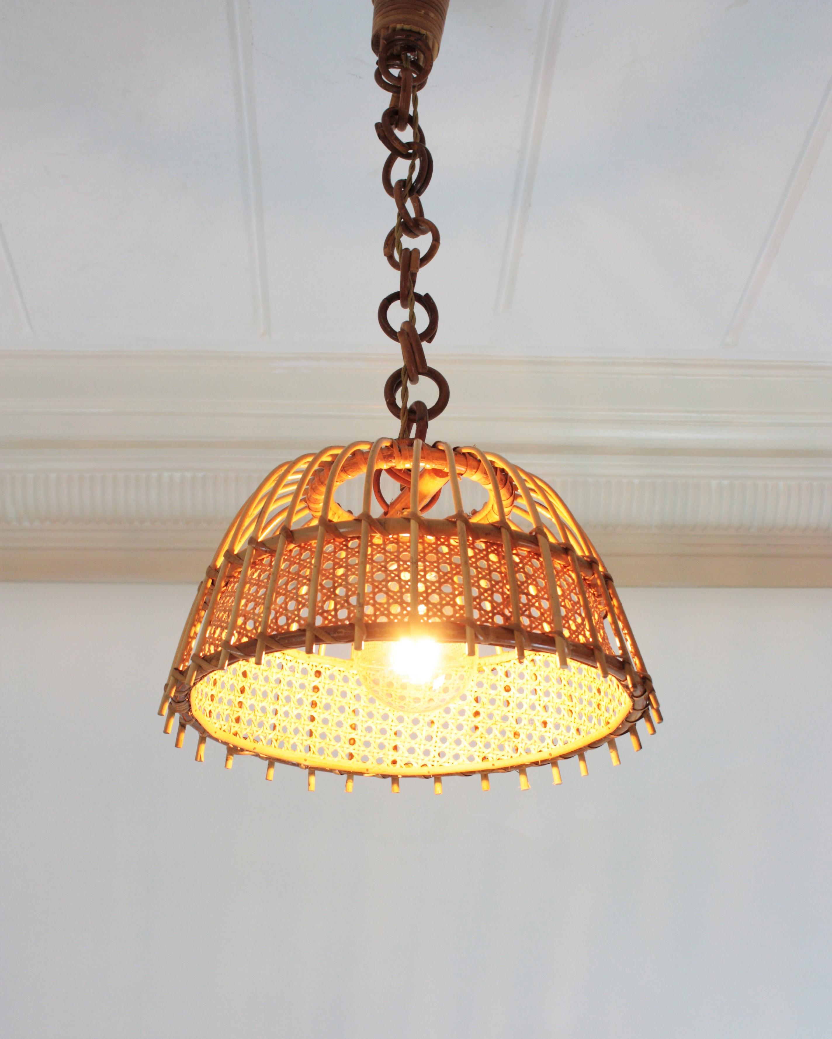 Pair of Rattan and Wicker Wire Bell Pendants or Hanging Lights, 1960s 11