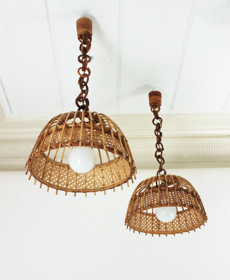 Pair of Rattan and Wicker Wire Bell Pendants or Hanging Lights, 1960s