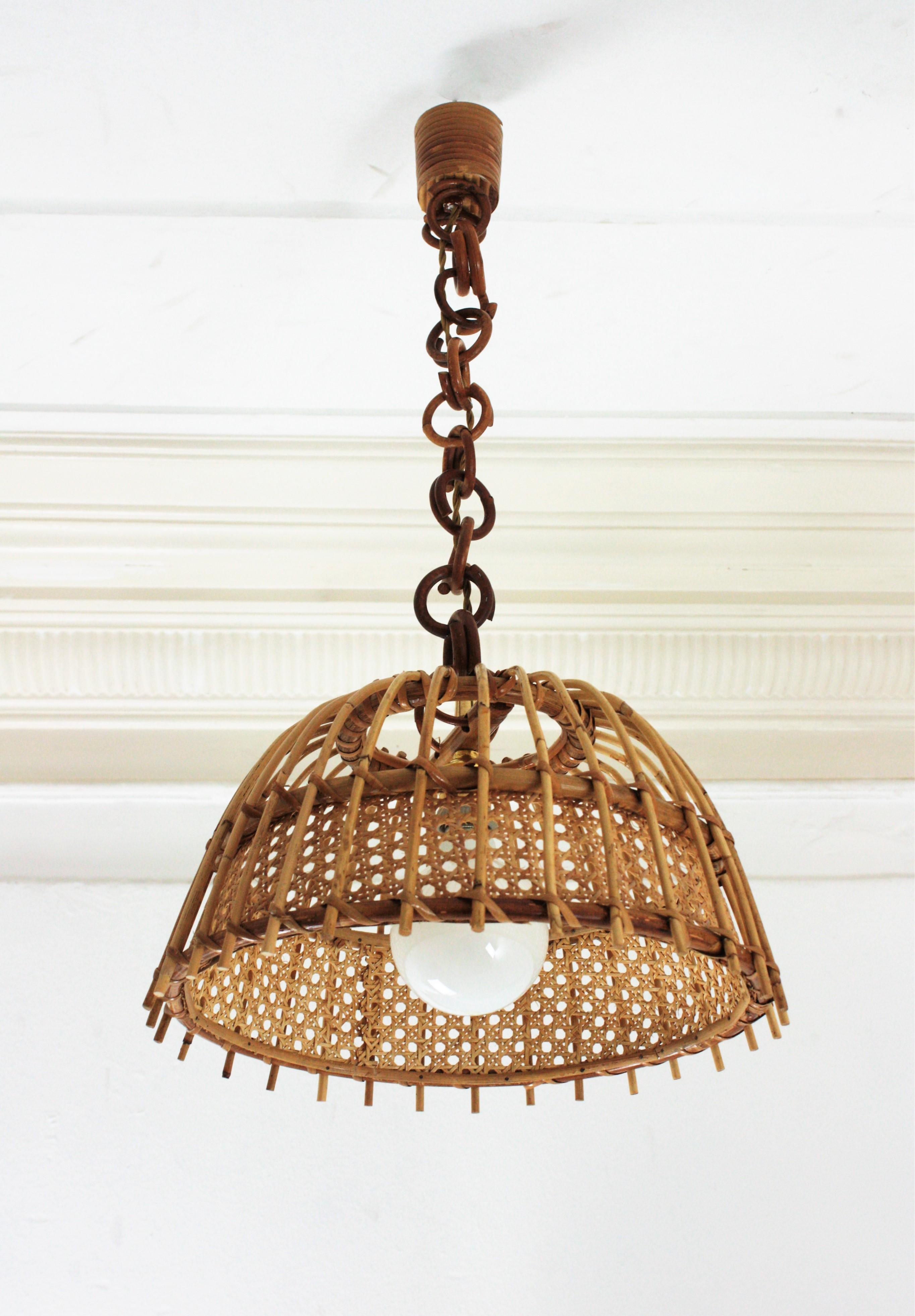 Mid-Century Modern Pair of Rattan and Wicker Wire Bell Pendants or Hanging Lights, 1960s