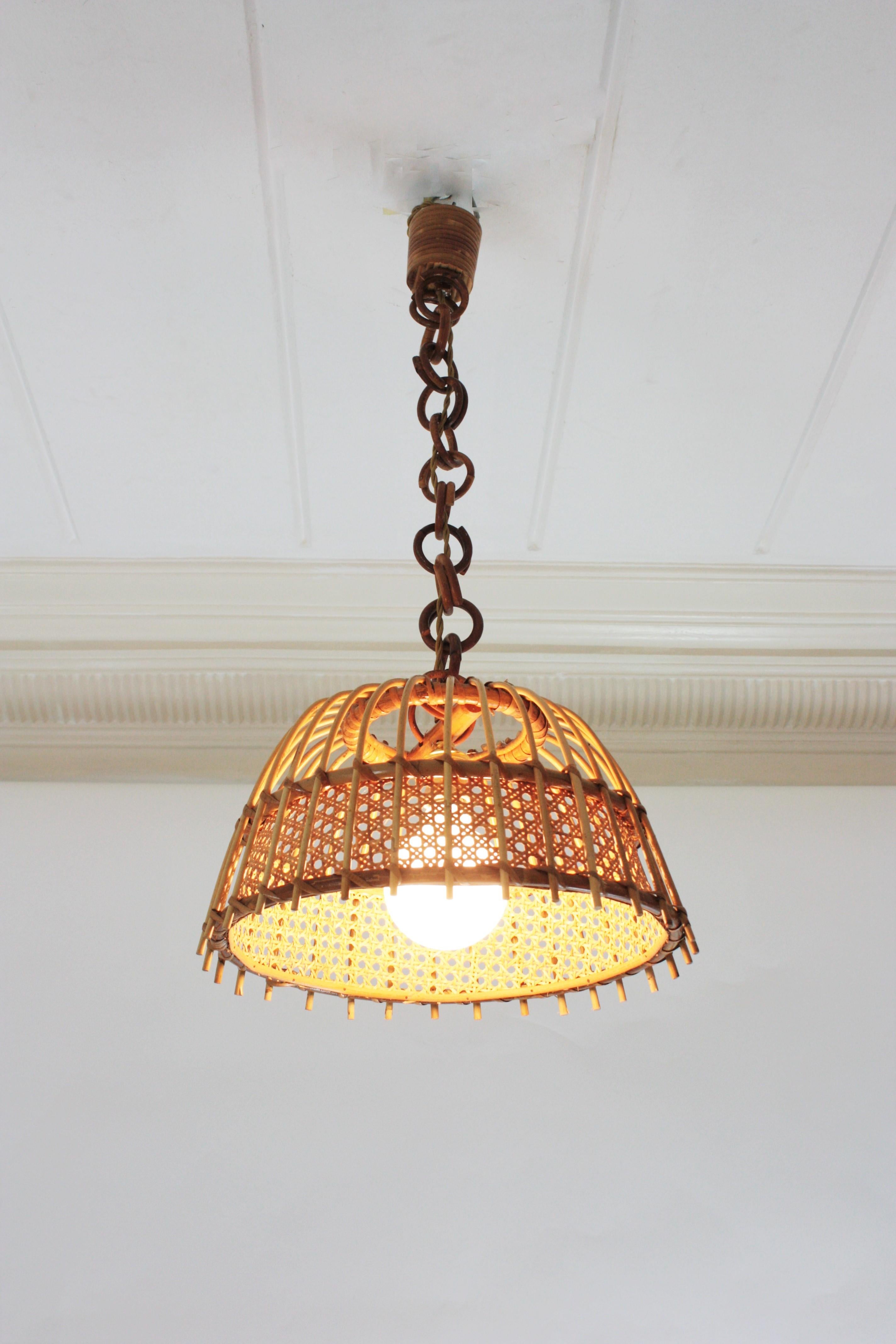 Spanish Pair of Rattan and Wicker Wire Bell Pendants or Hanging Lights, 1960s