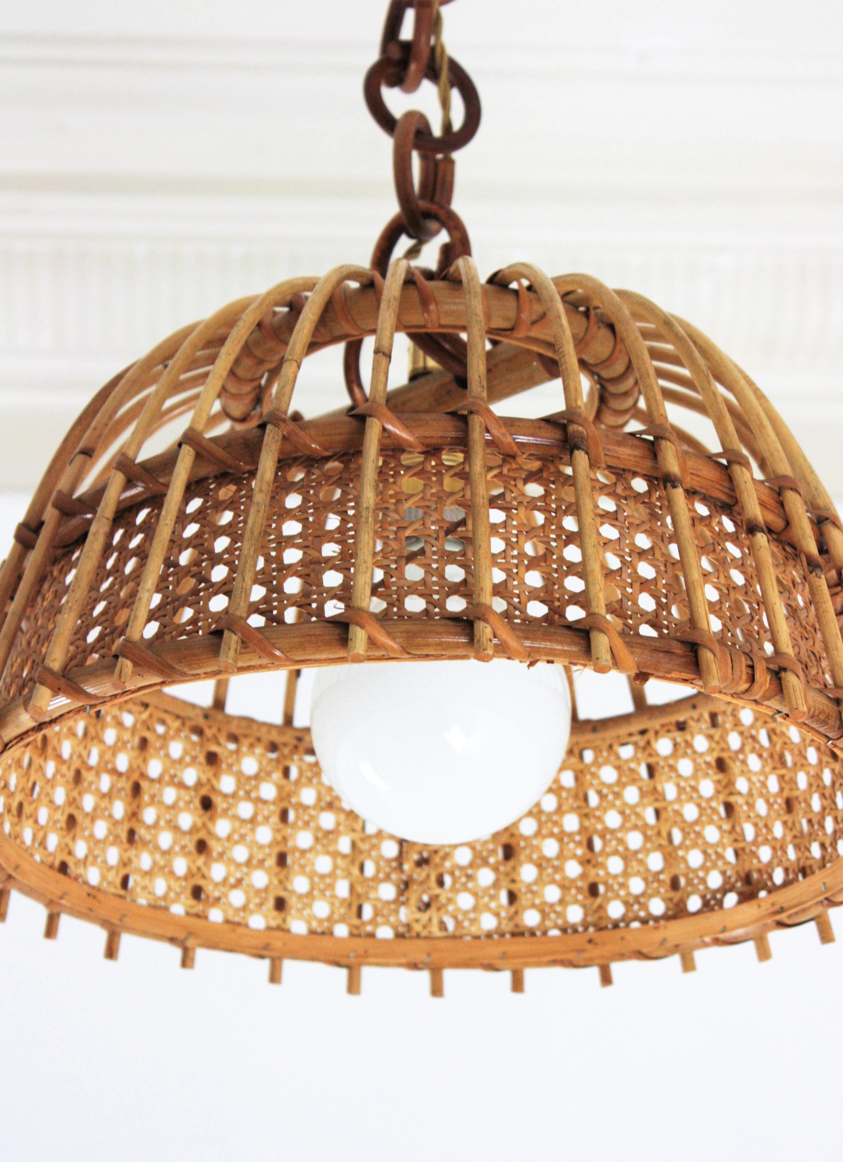 Woven Pair of Rattan and Wicker Wire Bell Pendants or Hanging Lights, 1960s