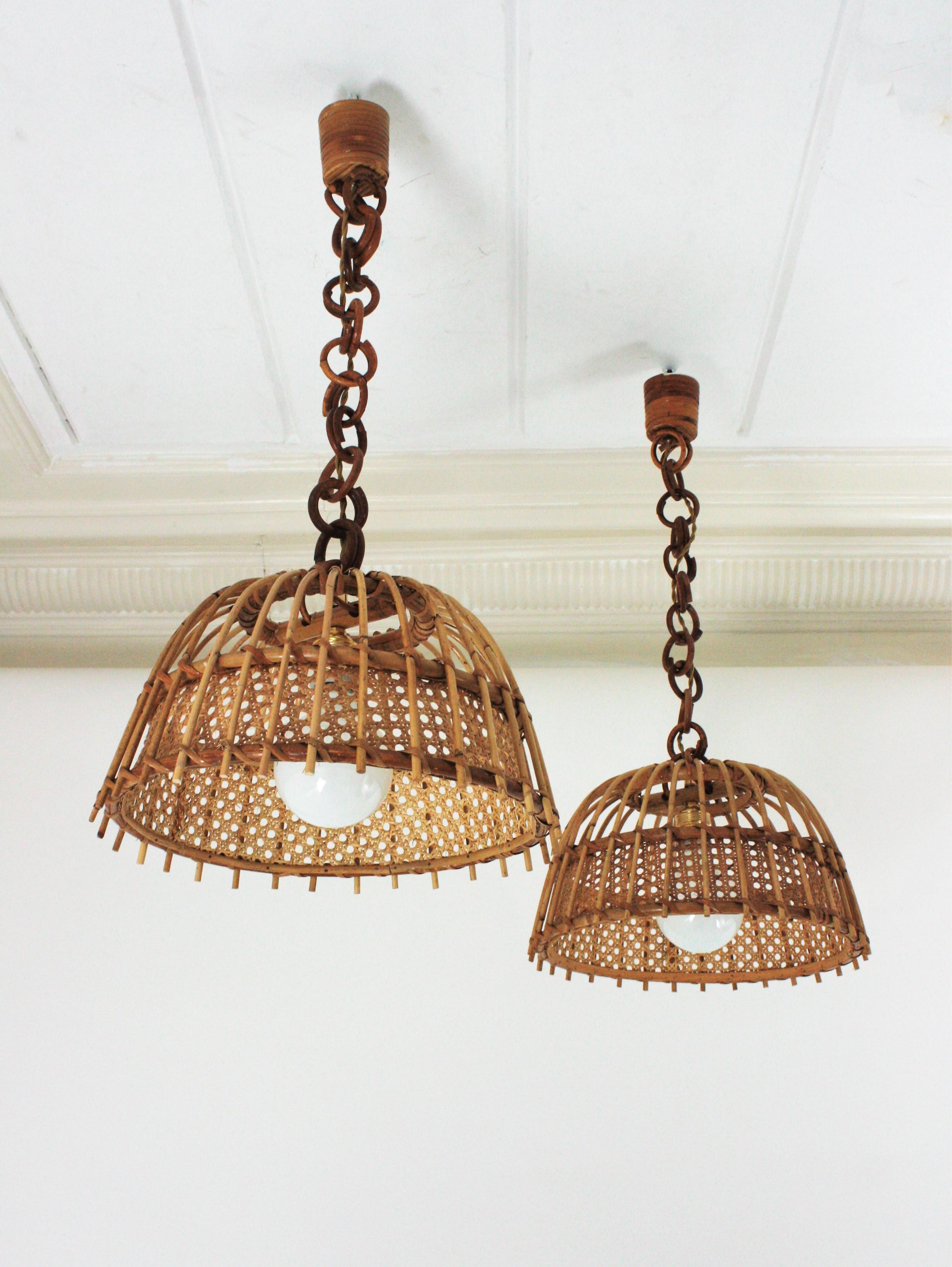 20th Century Pair of Rattan and Wicker Wire Bell Pendants or Hanging Lights, 1960s