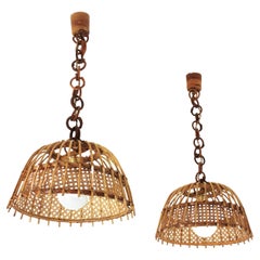 Pair of Rattan and Wicker Wire Bell Pendants or Hanging Lights, 1960s