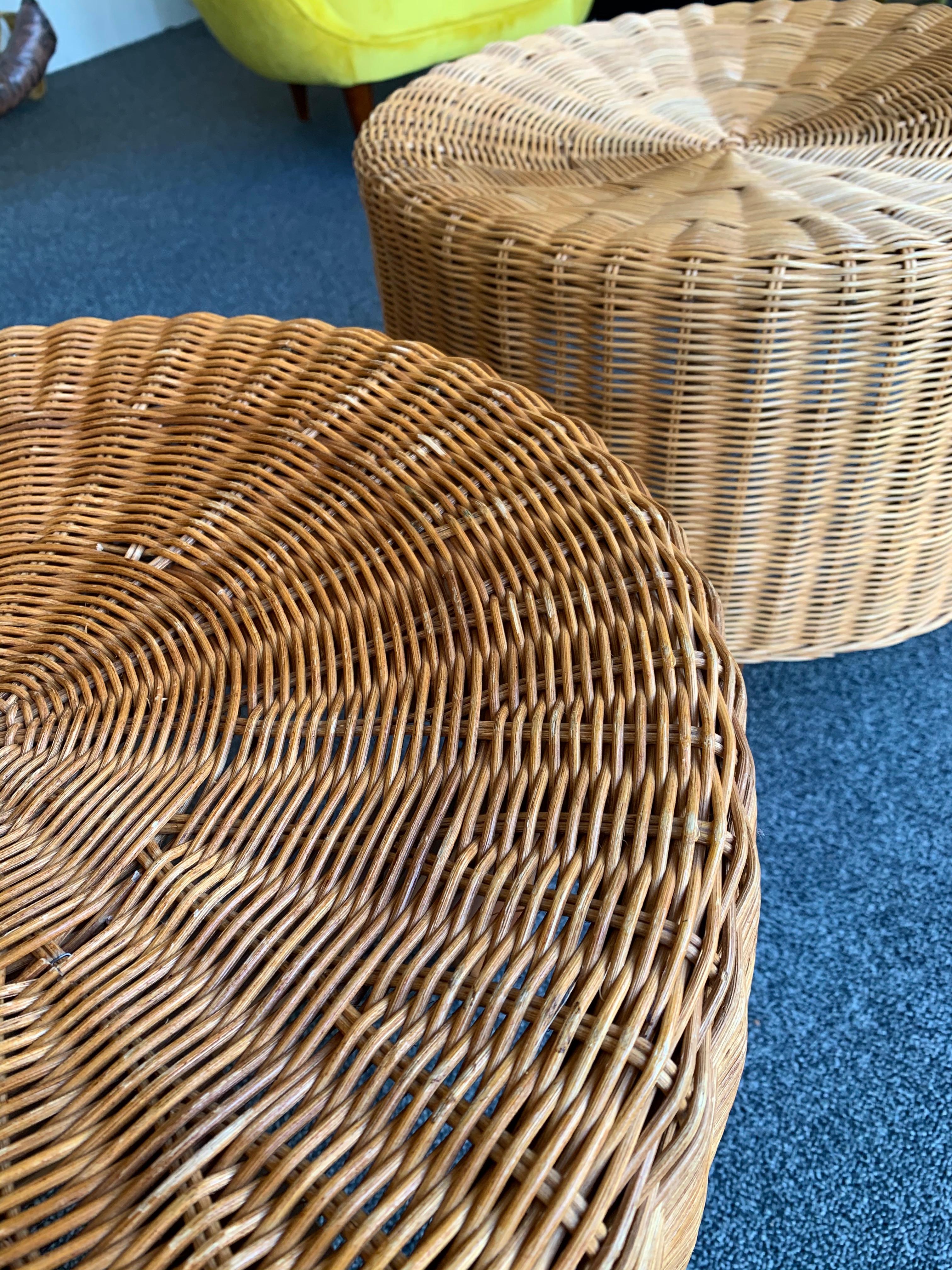Pair of Rattan and Wood Poufs Stools, Italy, 1980s 4