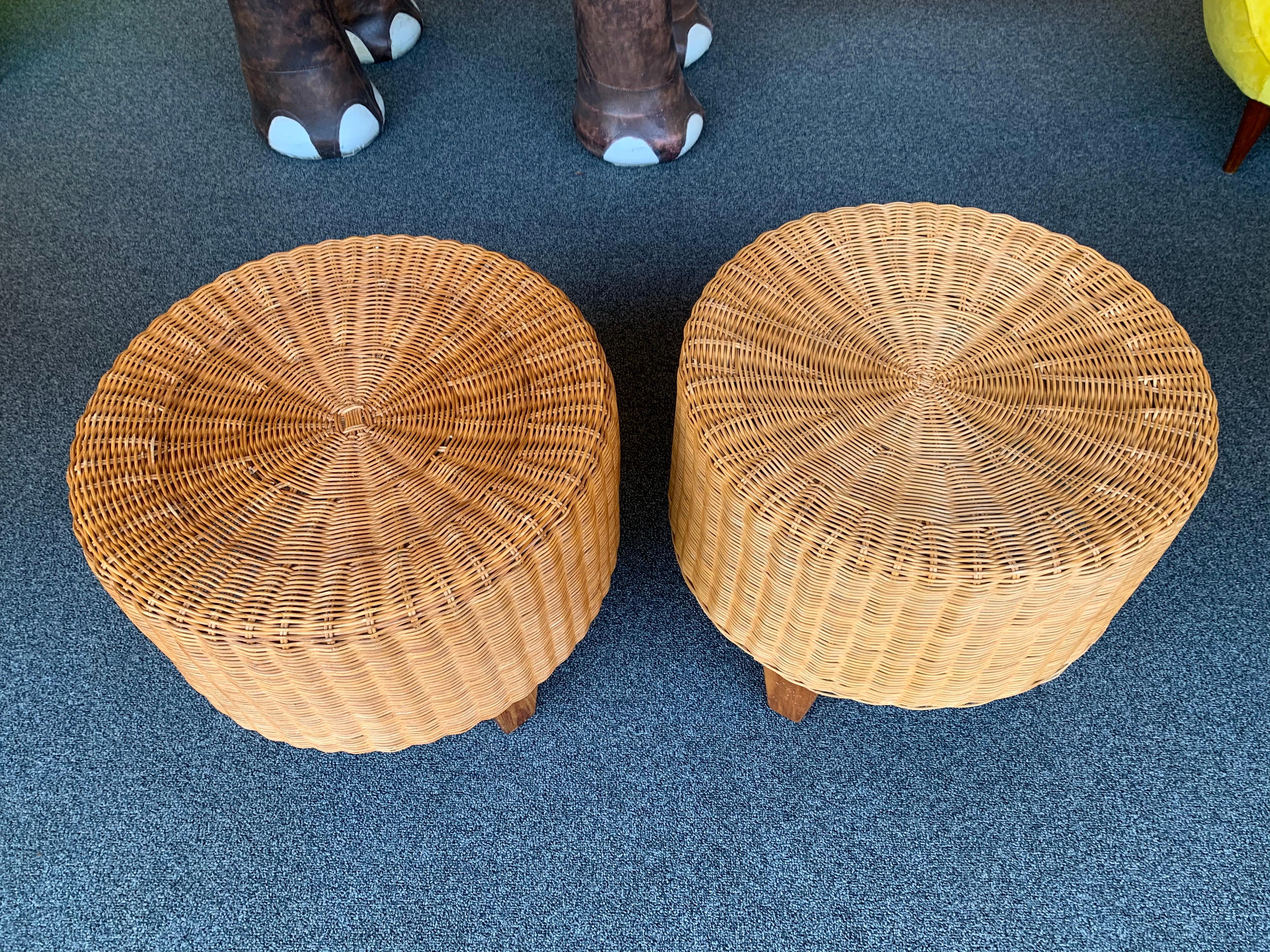 Mid-Century Modern Pair of Rattan and Wood Poufs Stools, Italy, 1980s
