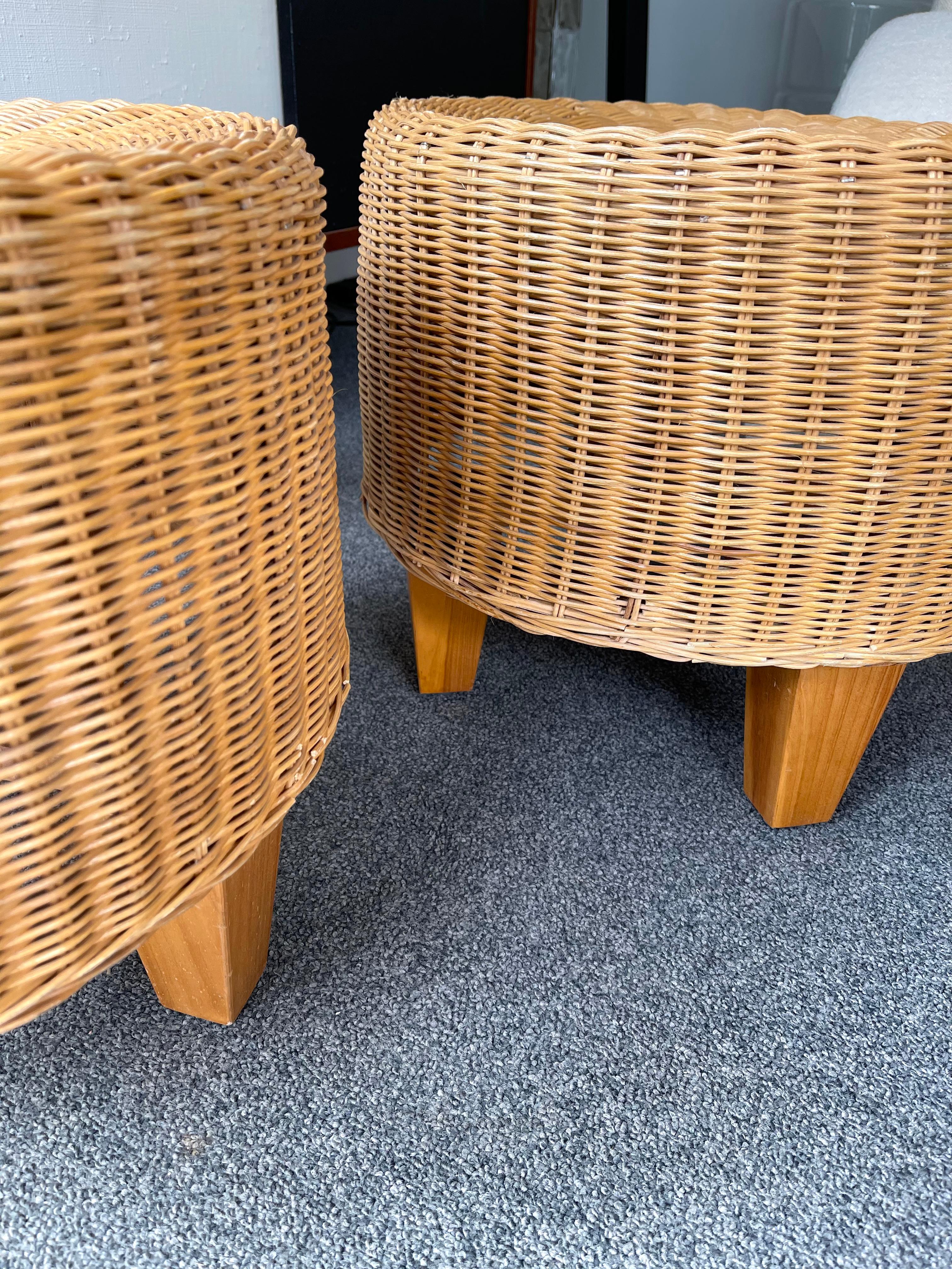 Italian Pair of Rattan and Wood Poufs Stools, Italy, 1980s