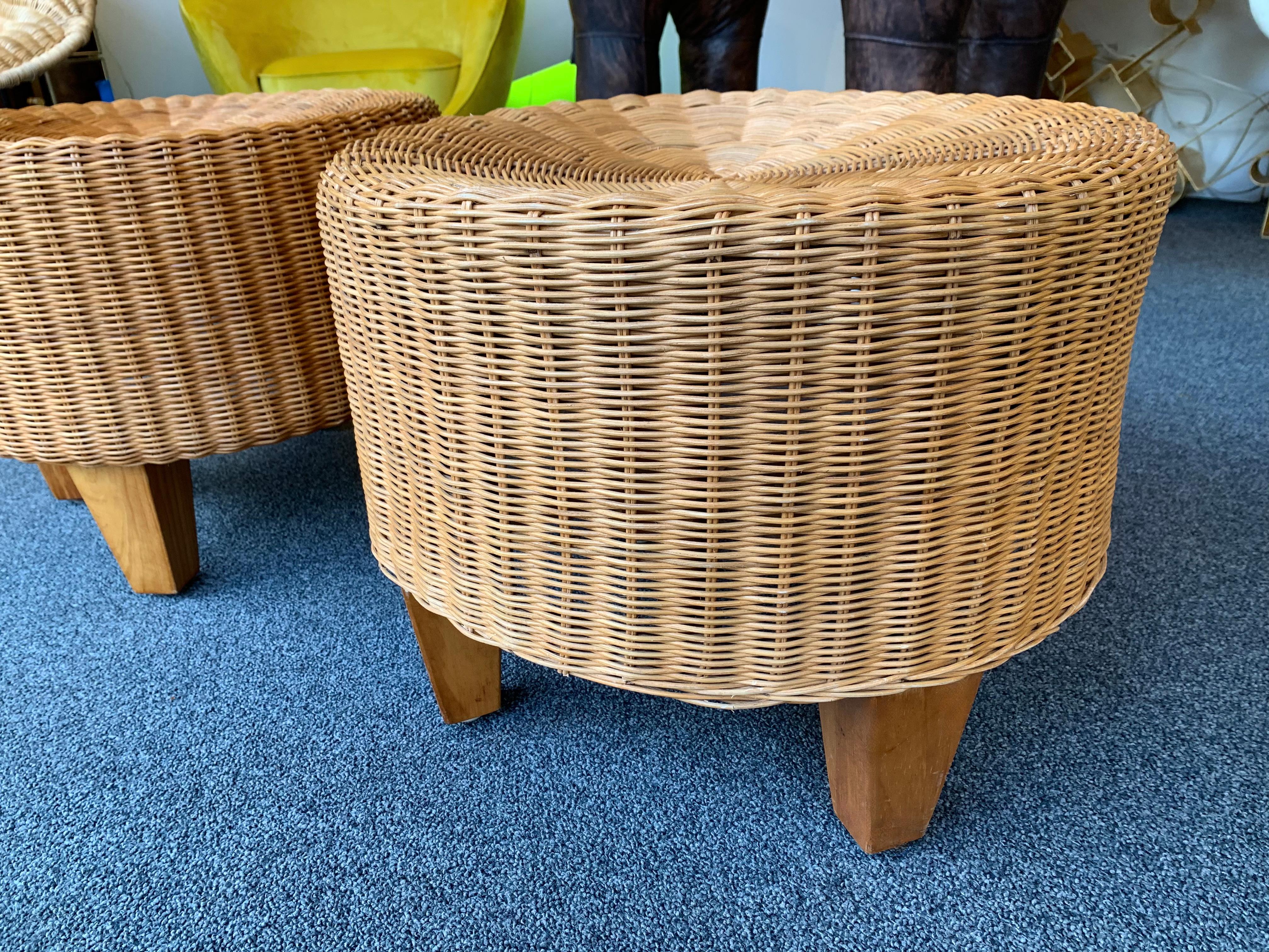Late 20th Century Pair of Rattan and Wood Poufs Stools, Italy, 1980s