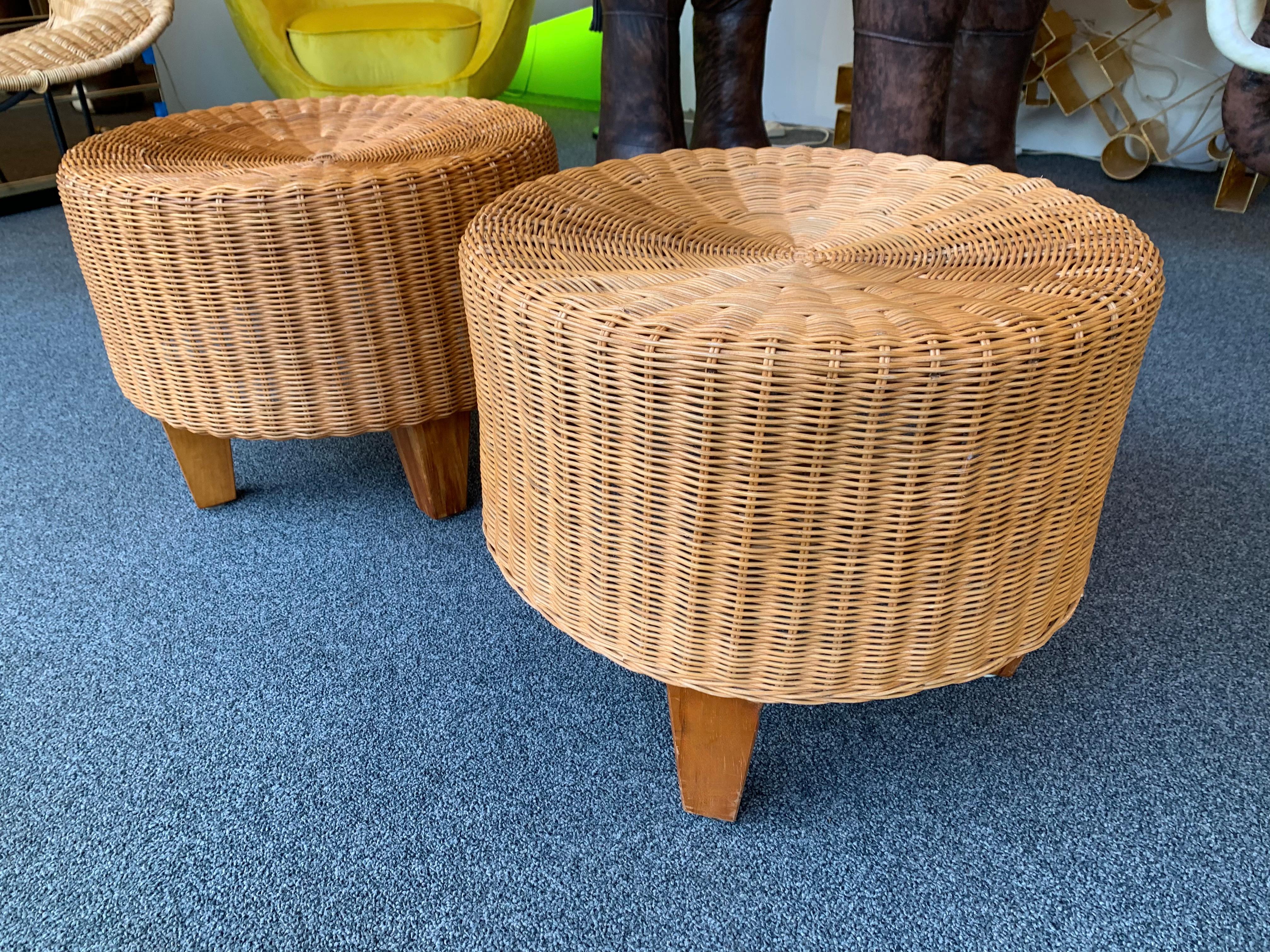 Wicker Pair of Rattan and Wood Poufs Stools, Italy, 1980s