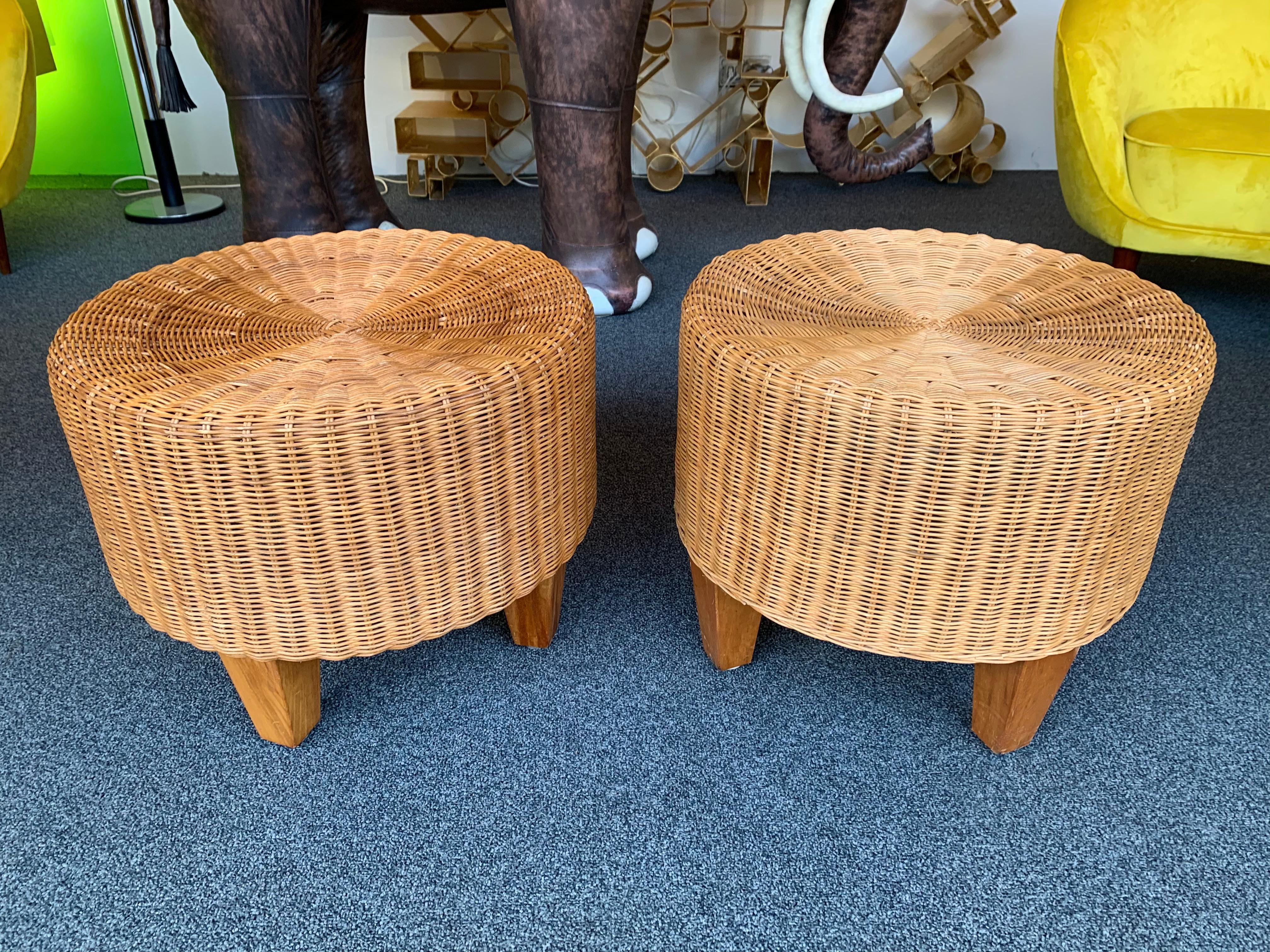 Pair of Rattan and Wood Poufs Stools, Italy, 1980s 1