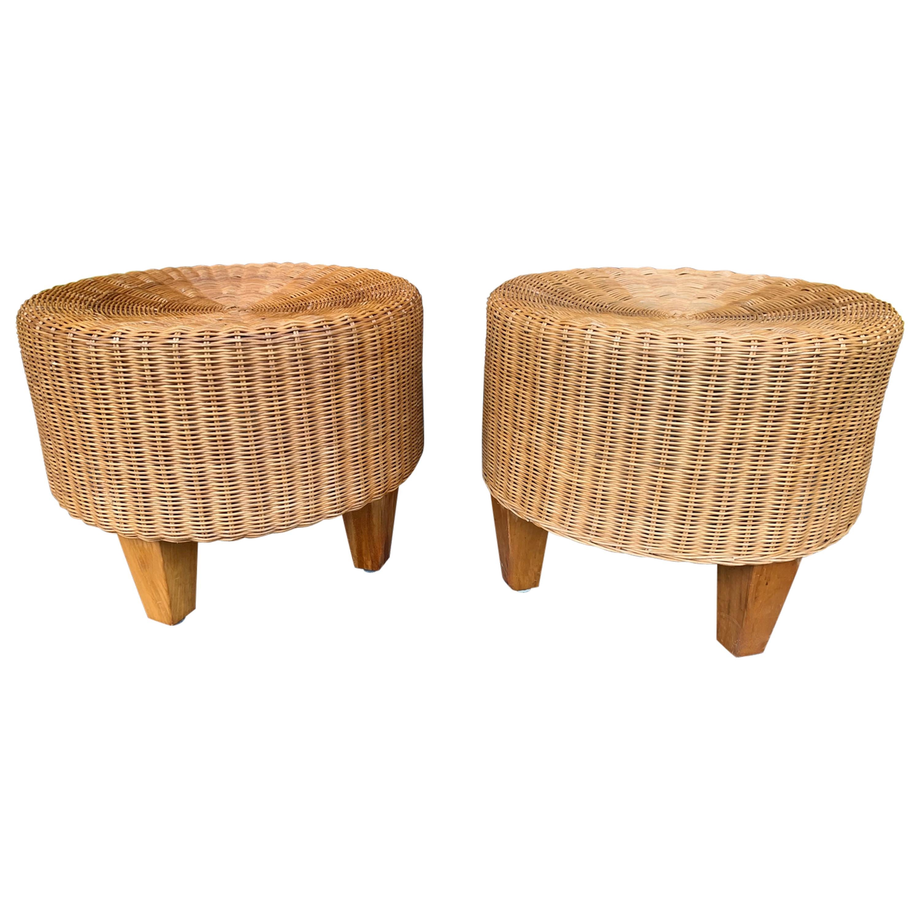 Pair of Rattan and Wood Poufs Stools, Italy, 1980s