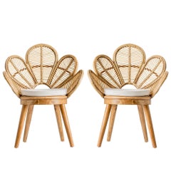 Pair of Rattan and Wooden Armchairs