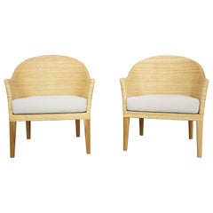 Pair of Rattan and Wooden Teak Club Armchairs French Design