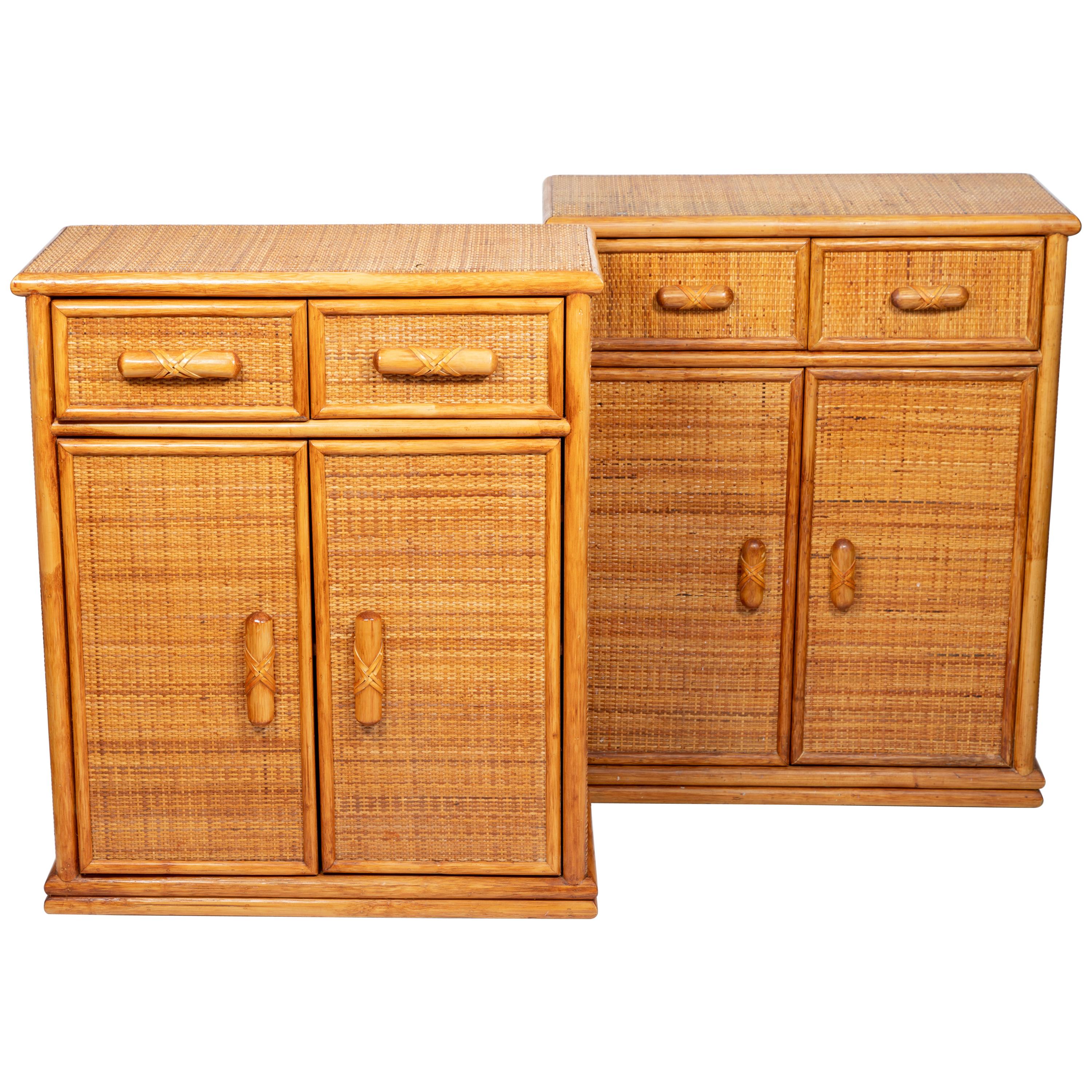 Pair of Rattan and Woven Wicker Two Drawer Cabinets with Interior Shelves