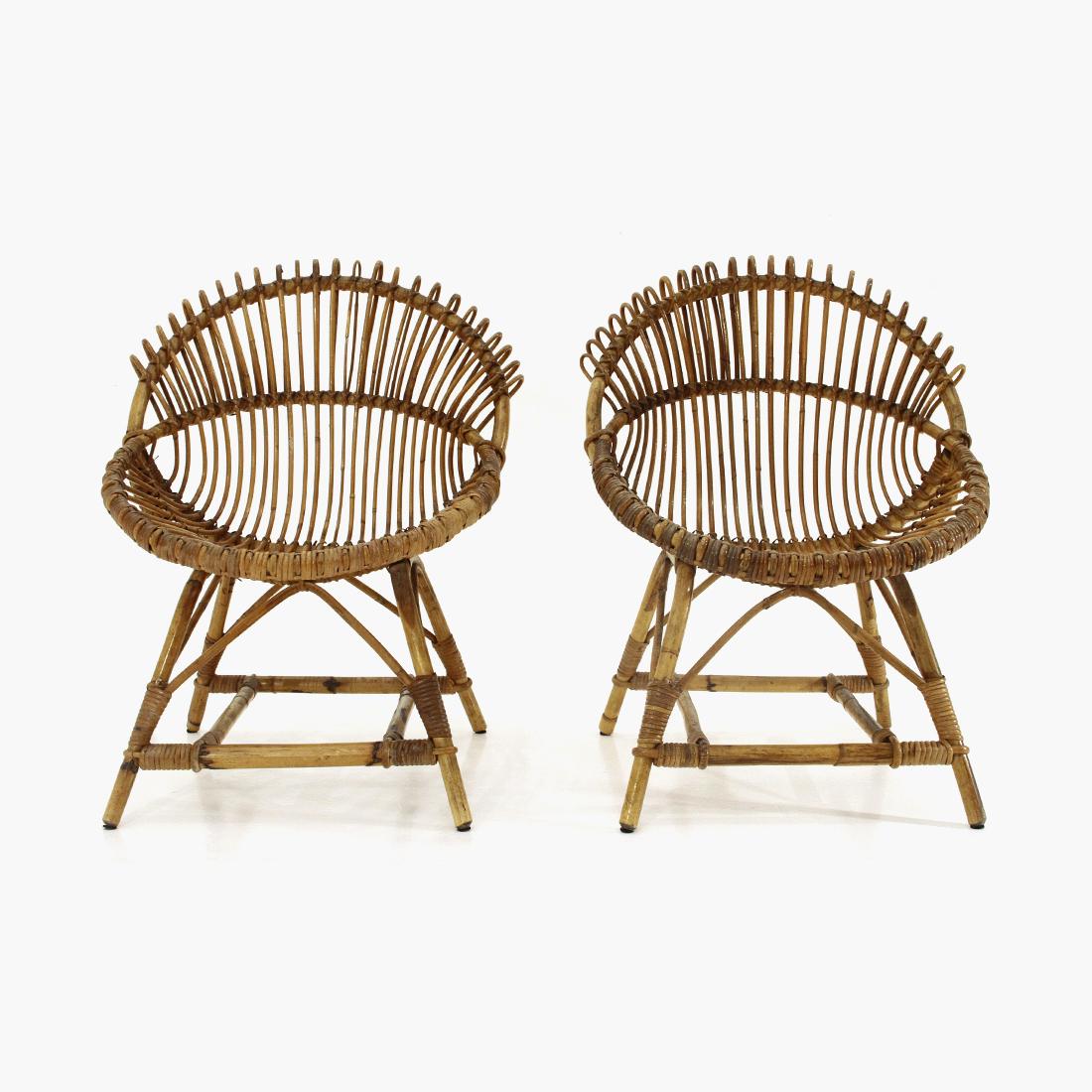 Italian Pair of Rattan Armchairs, 1950s For Sale