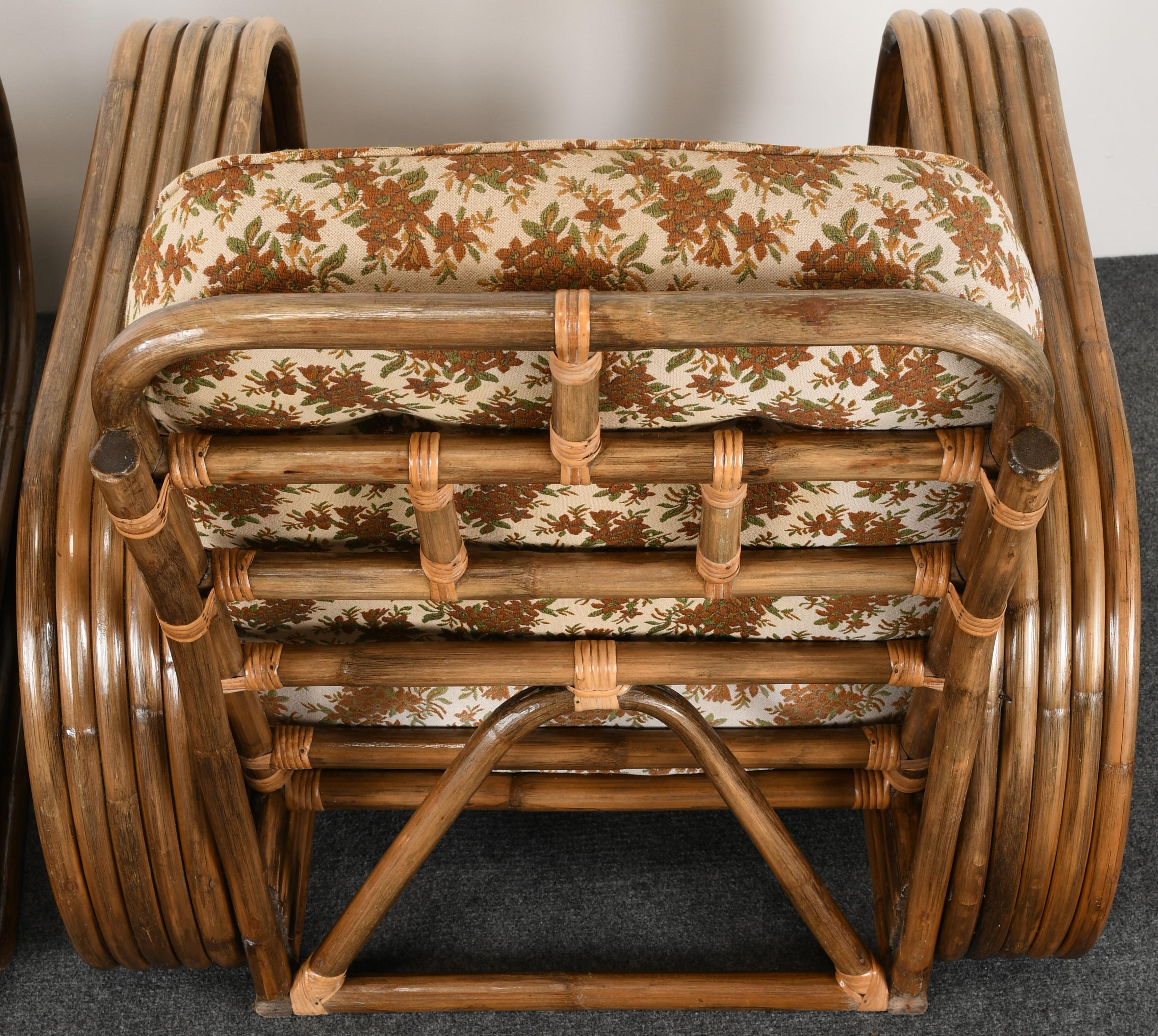 Pair of Paul Frankl Style Rattan Armchairs and Ottoman, 1940s 5