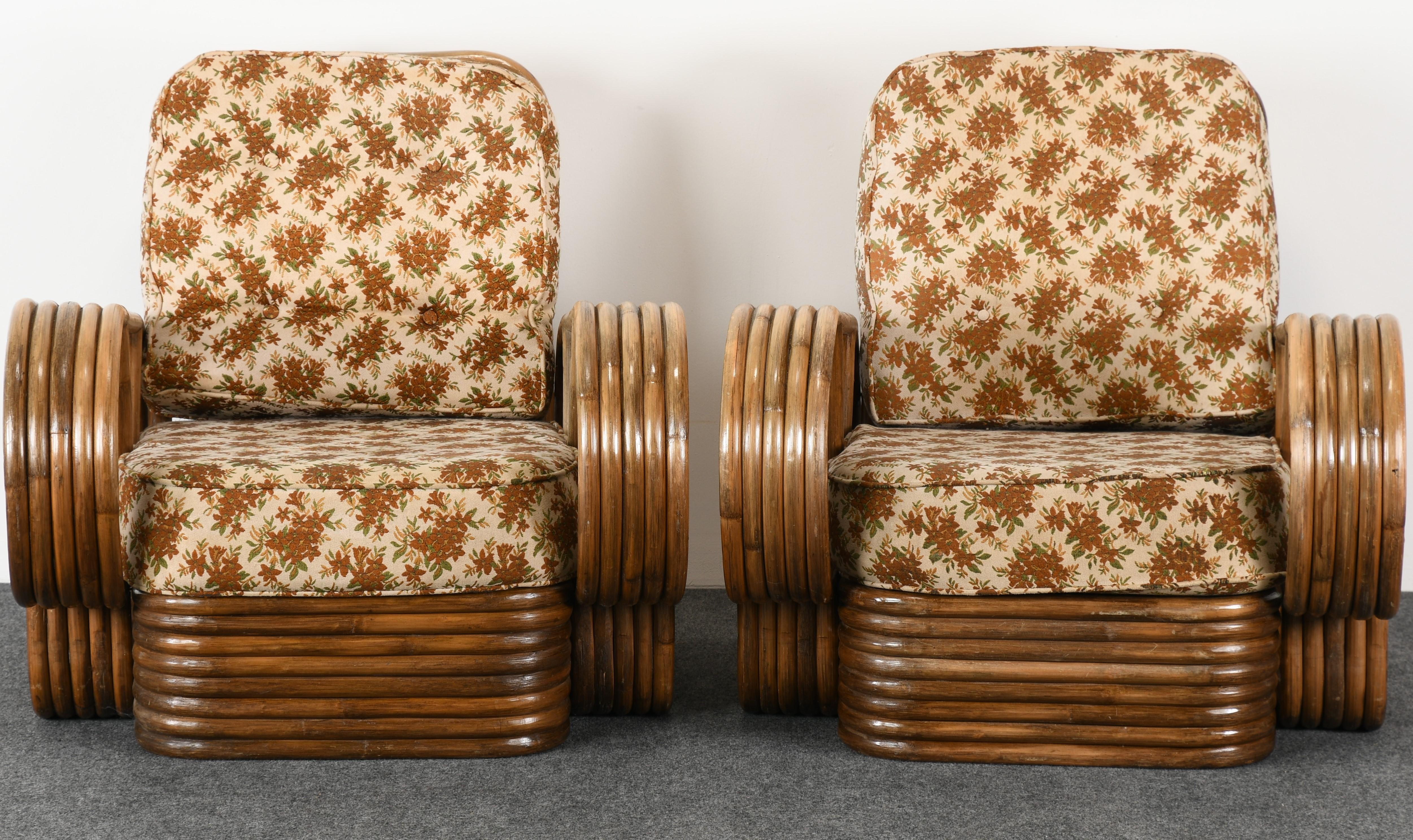 American Pair of Paul Frankl Style Rattan Armchairs and Ottoman, 1940s