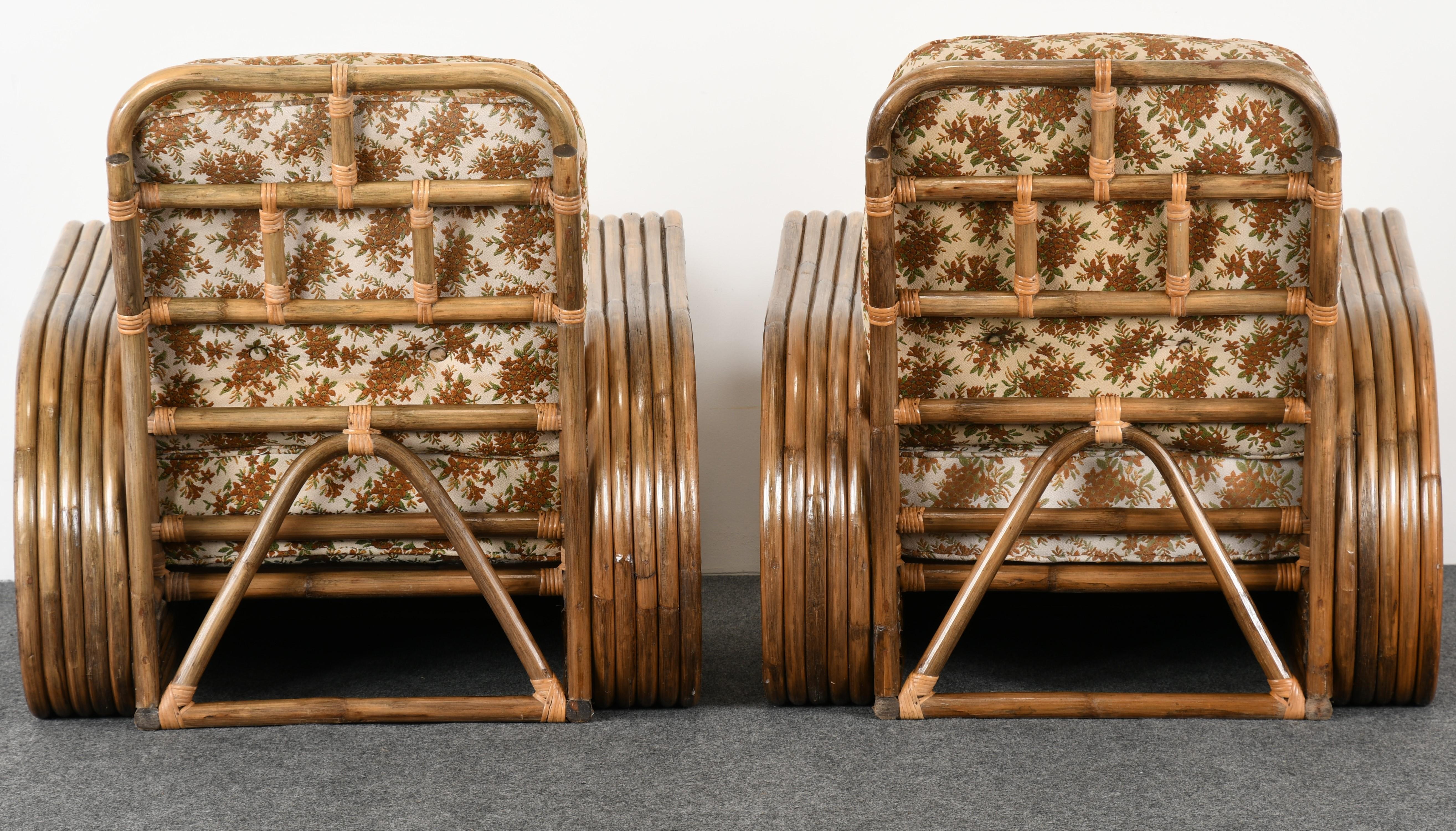 Mid-20th Century Pair of Paul Frankl Style Rattan Armchairs and Ottoman, 1940s