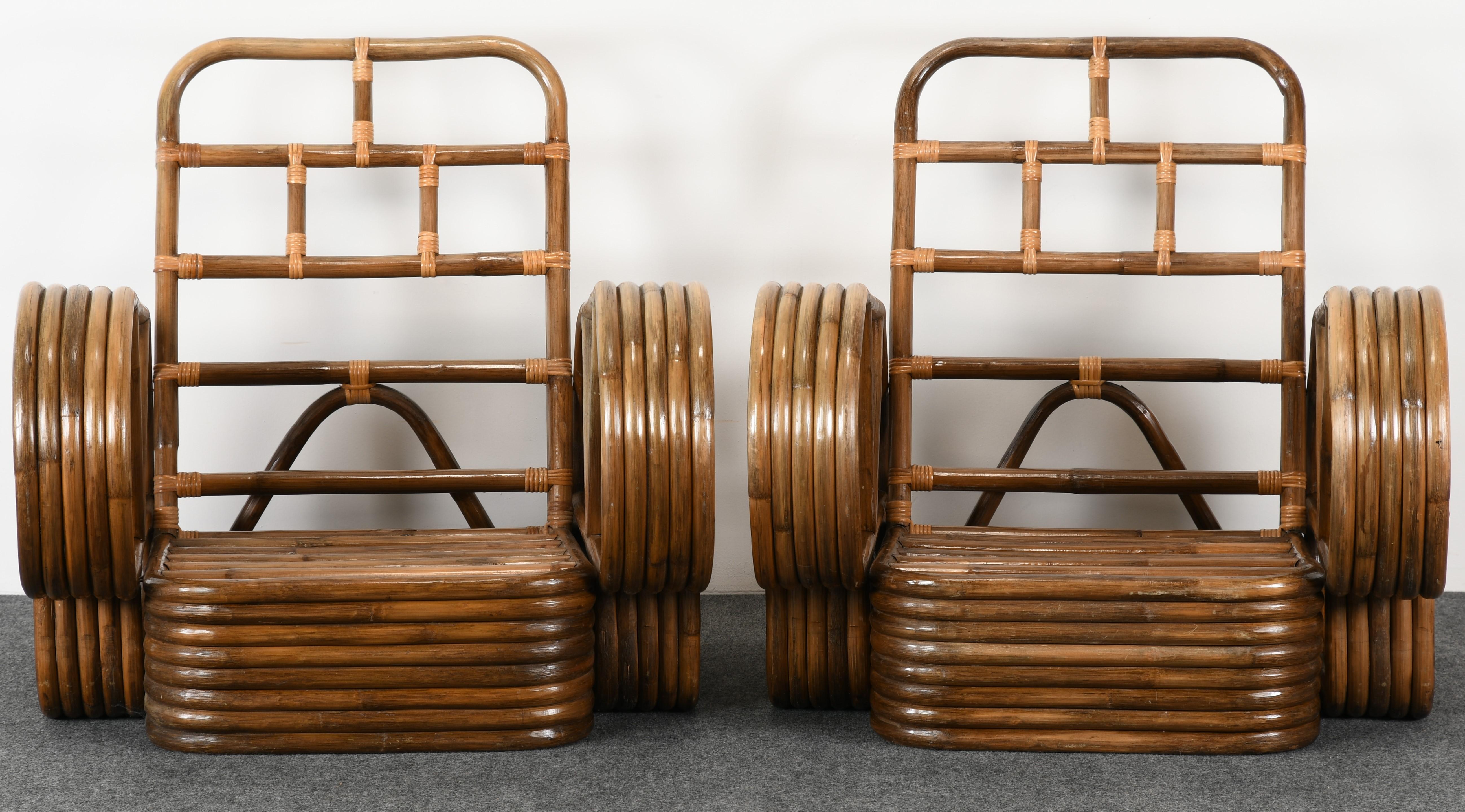 Fabric Pair of Paul Frankl Style Rattan Armchairs and Ottoman, 1940s