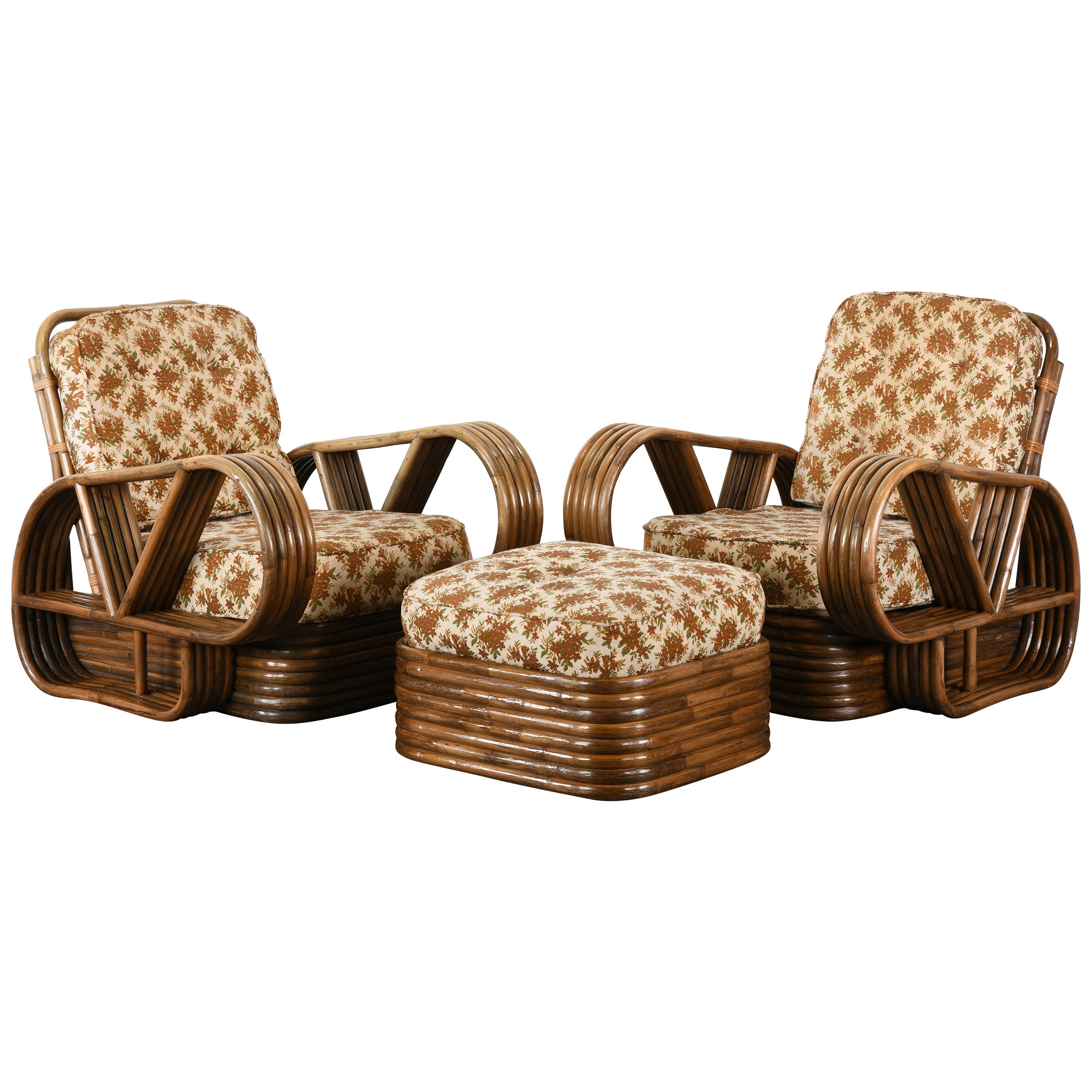 Pair of Paul Frankl Style Rattan Armchairs and Ottoman, 1940s