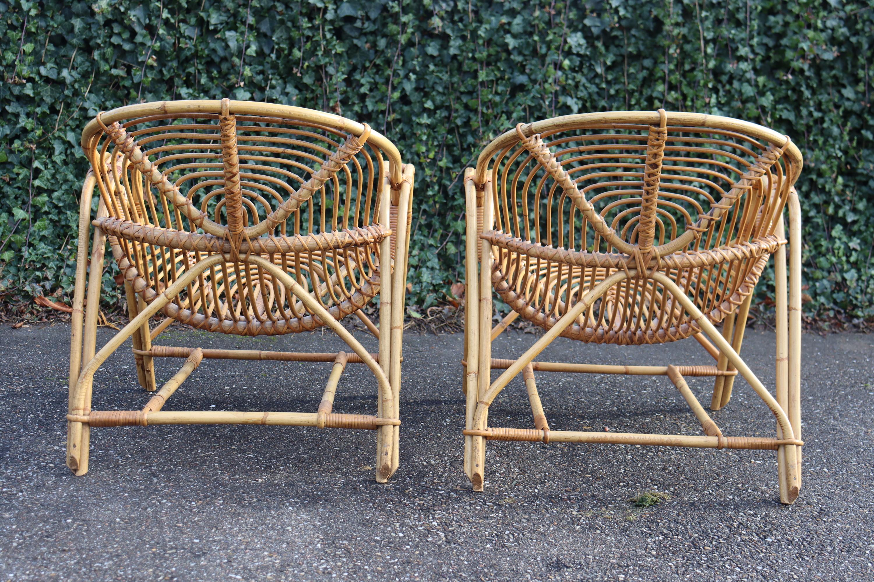 Pair Of Rattan Armchairs Attributed To Audoux Minnet im Zustand „Gut“ im Angebot in Charmes, FR