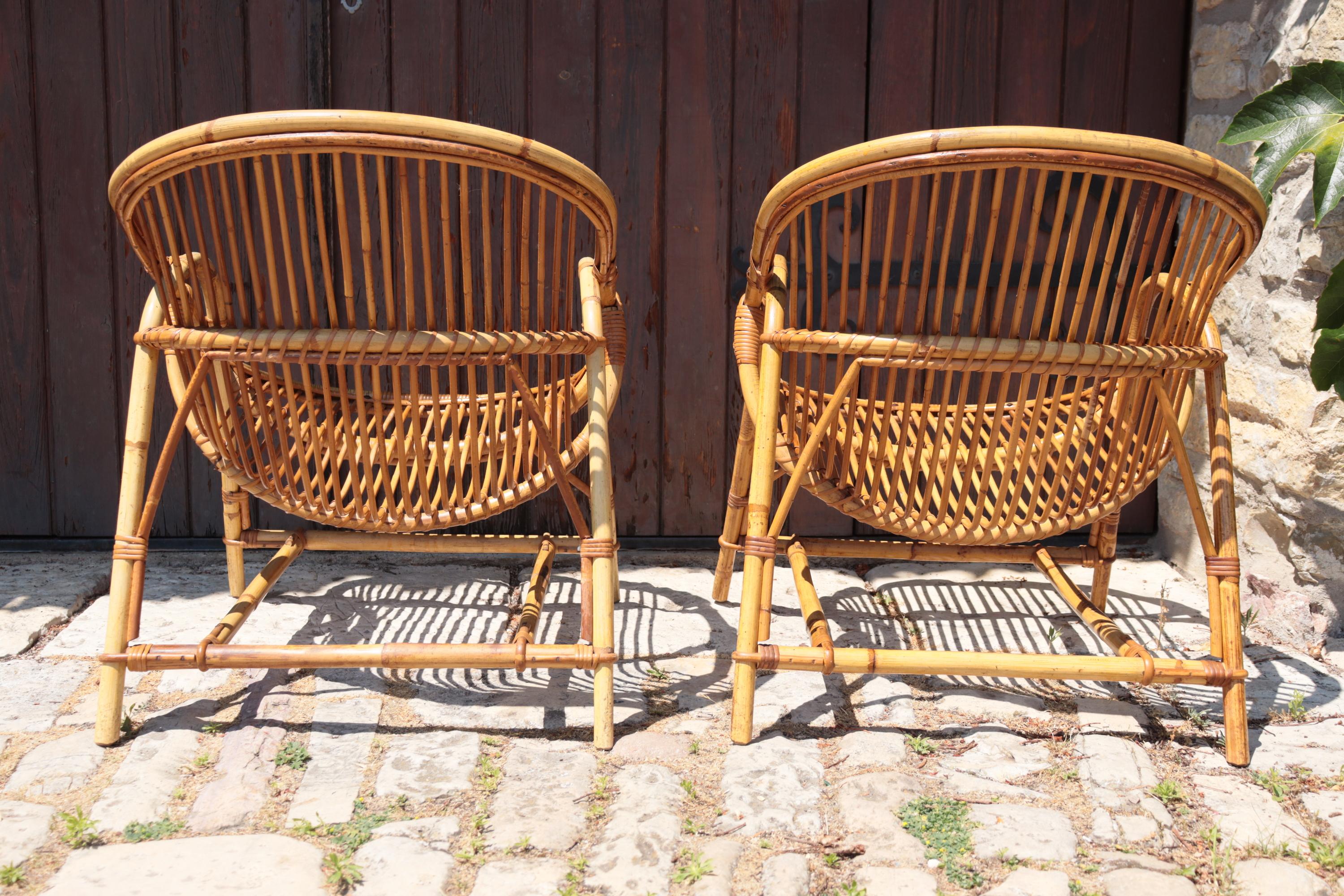 Bohème Pair Of Rattan Armchairs By Audoux-minnet en vente