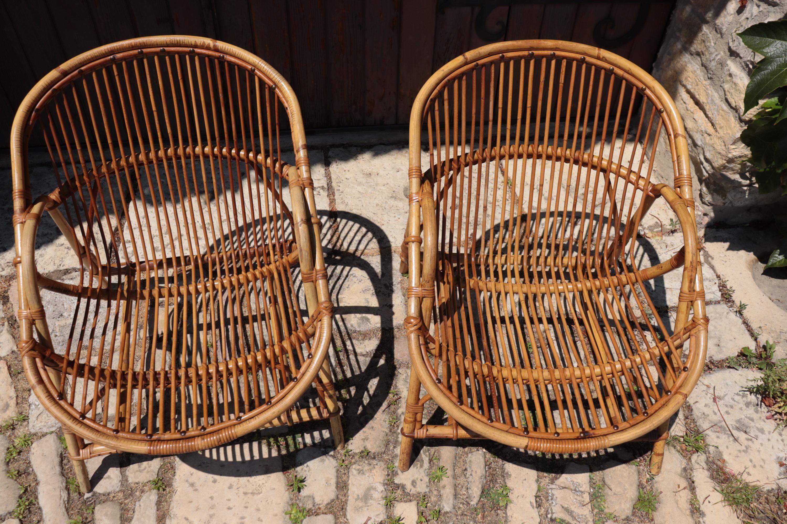 20ième siècle Pair Of Rattan Armchairs By Audoux-minnet en vente