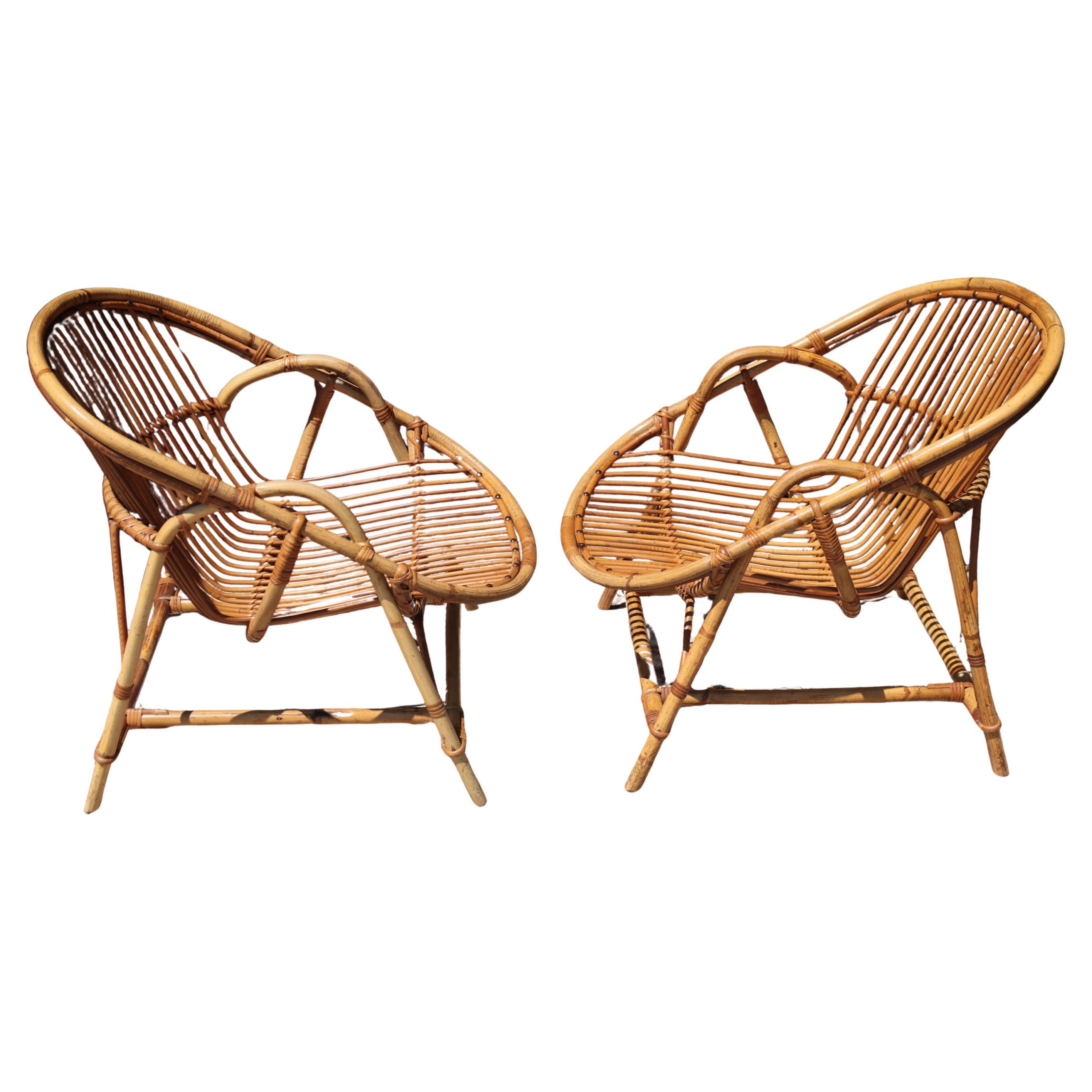 Pair Of Rattan Armchairs By Audoux-minnet en vente