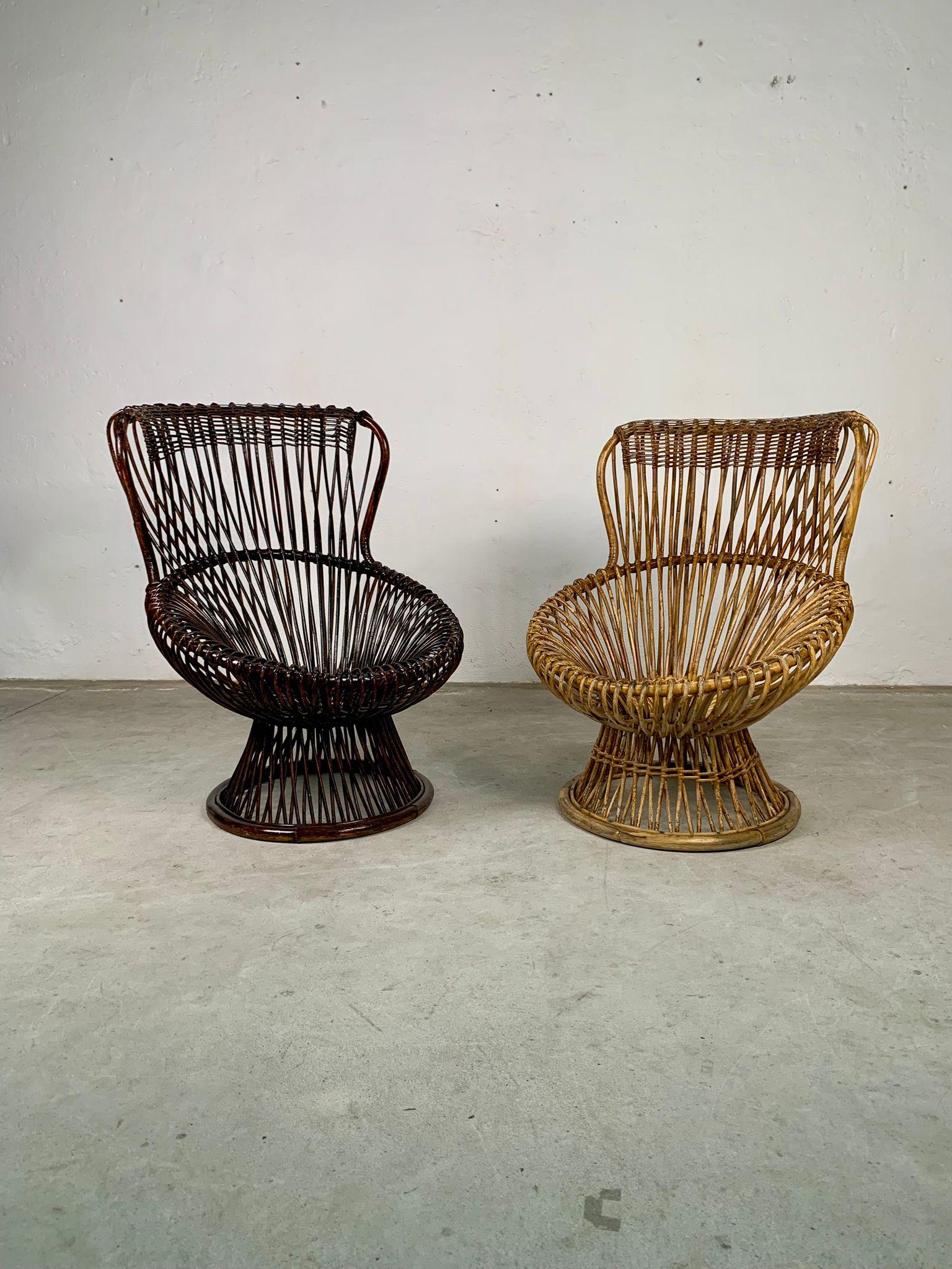 Mid-Century Modern Pair of rattan armchairs Margherita by Franco Albini for Bonacina, Italy, 1950s For Sale