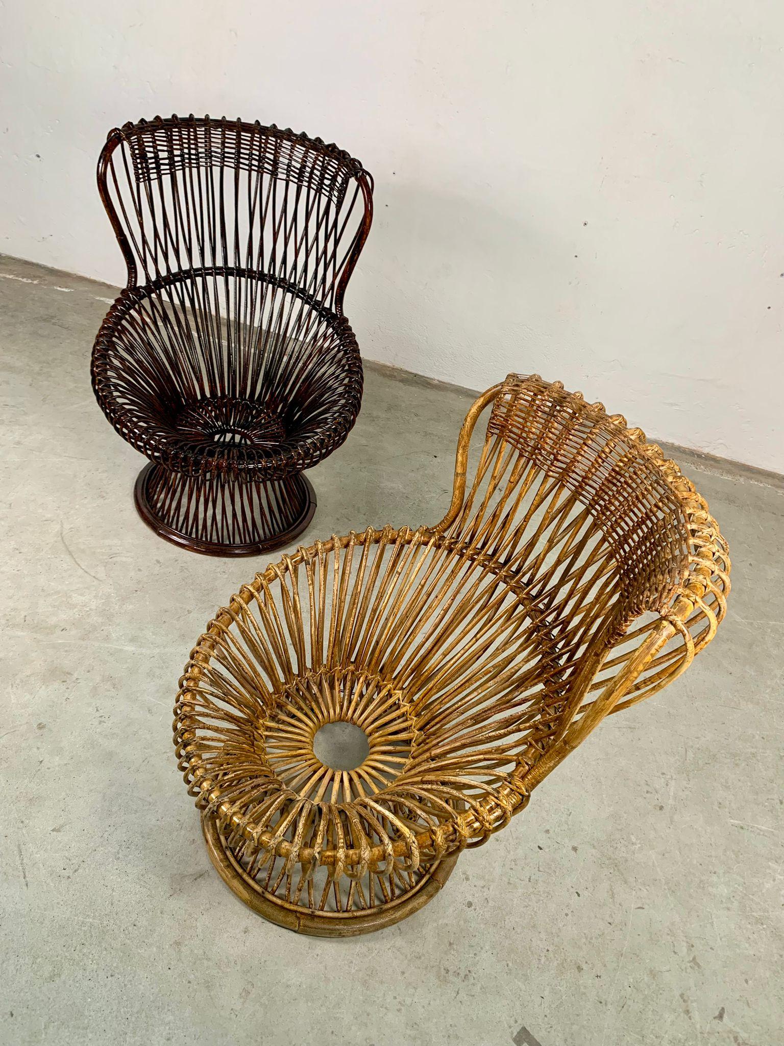 Mid-20th Century Pair of rattan armchairs Margherita by Franco Albini for Bonacina, Italy, 1950s For Sale