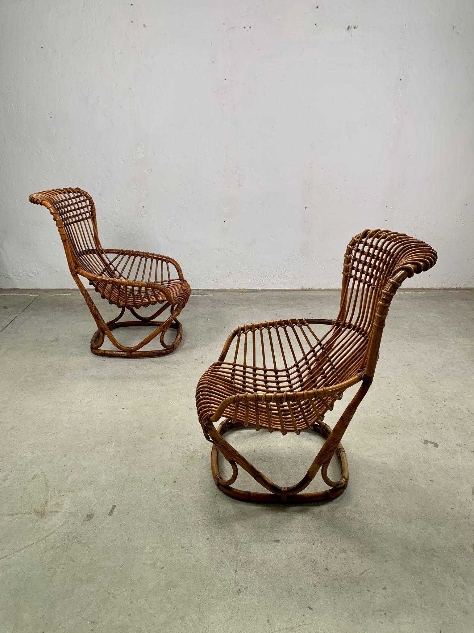 Mid-Century Modern Pair of rattan armchairs by Tito Agnoli for Bonacina, Italy, 1959