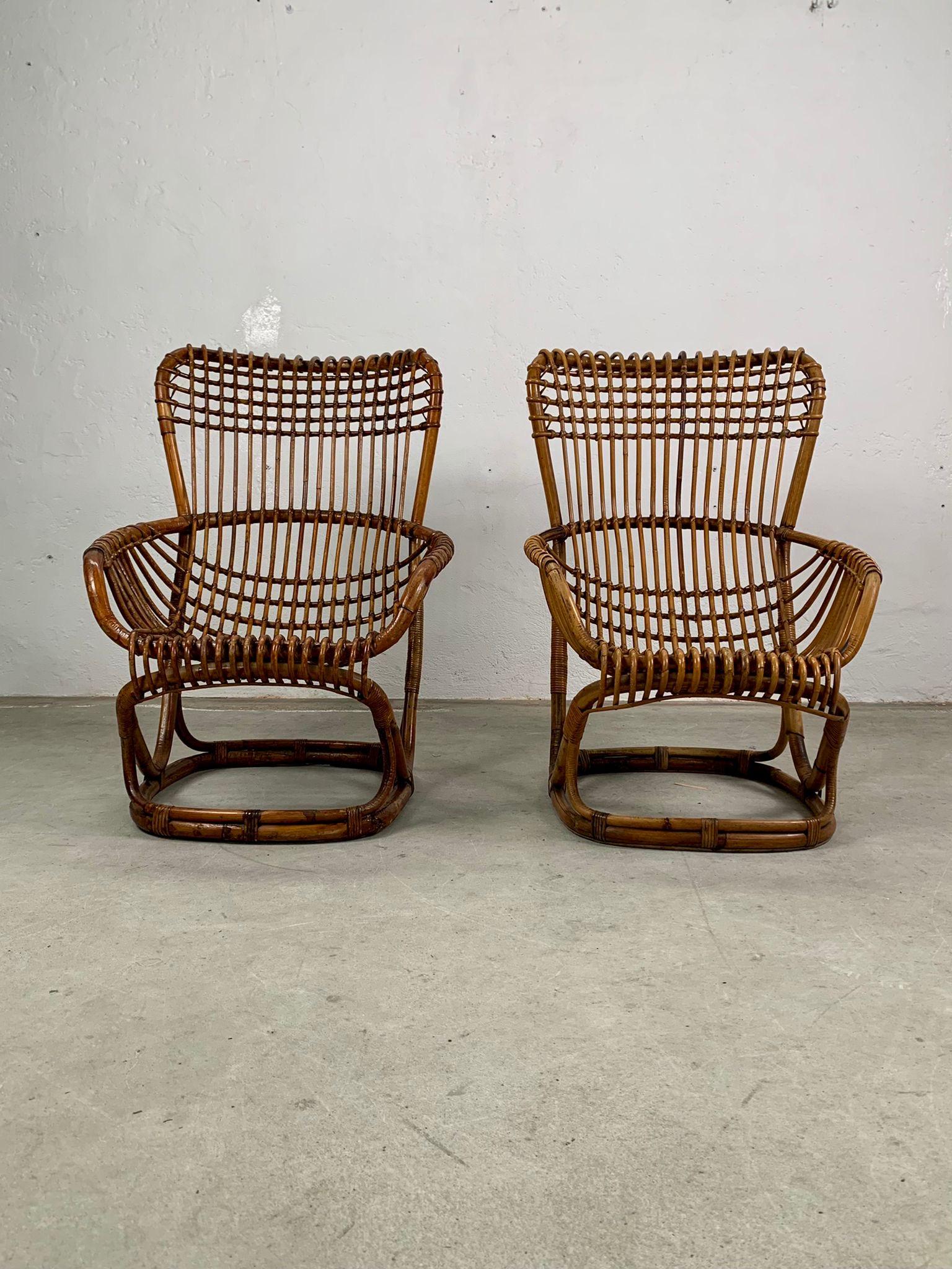 Italian Pair of rattan armchairs by Tito Agnoli for Bonacina, Italy, 1959