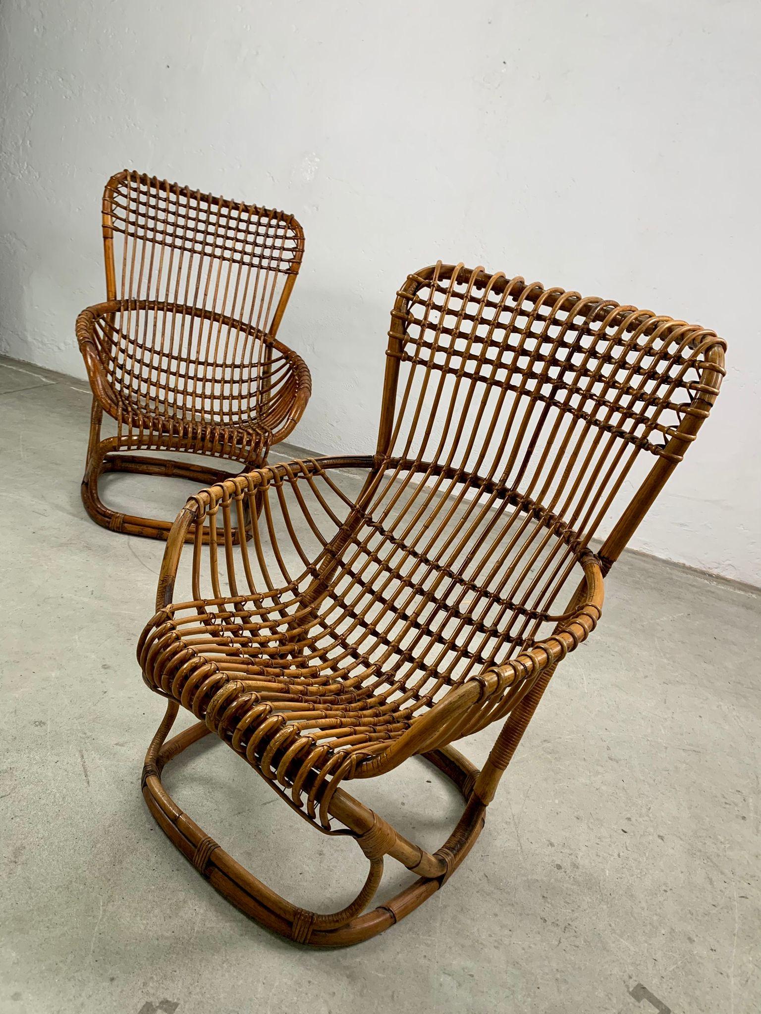 Mid-20th Century Pair of rattan armchairs by Tito Agnoli for Bonacina, Italy, 1959