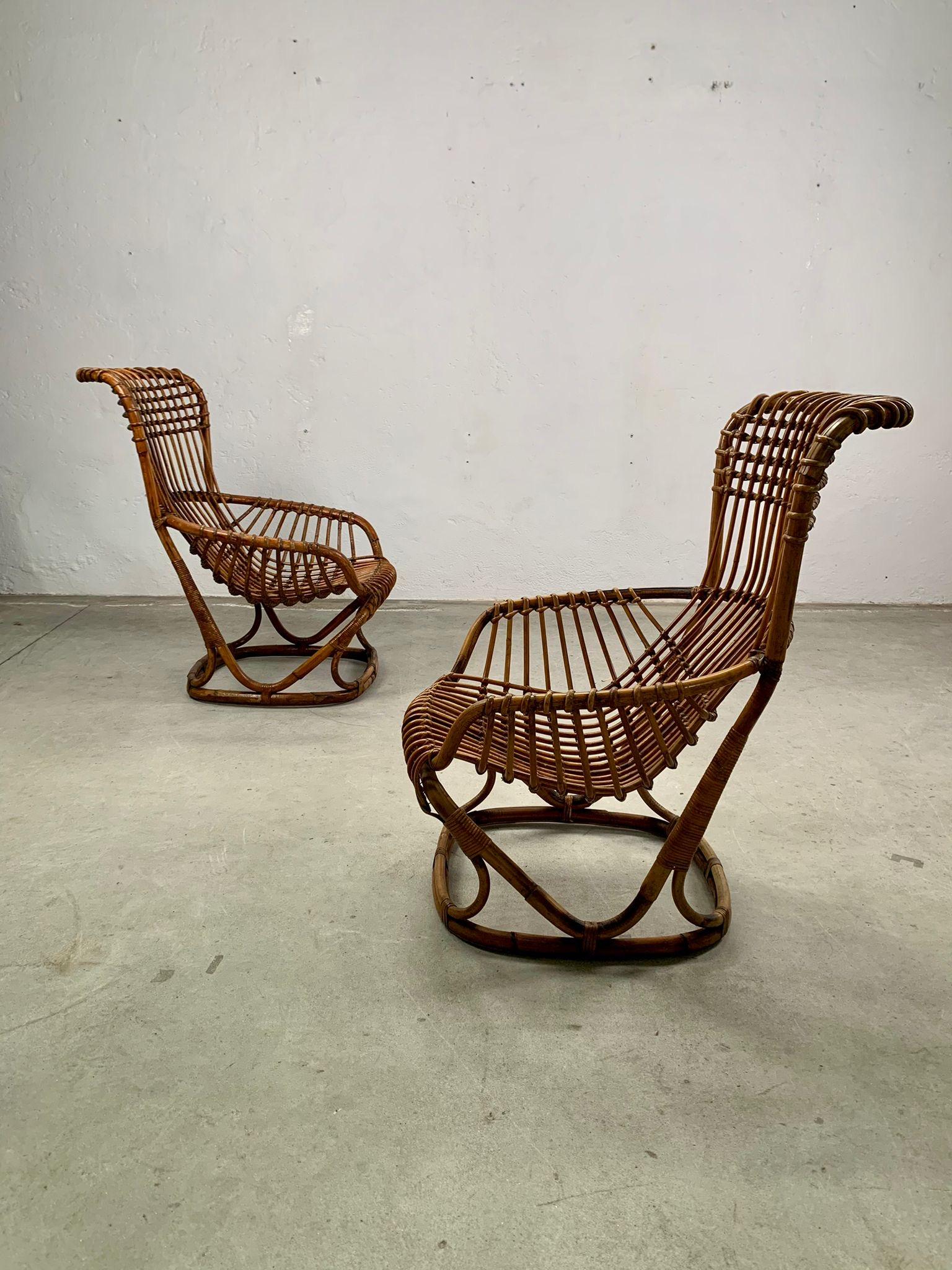 Rattan Pair of rattan armchairs by Tito Agnoli for Bonacina, Italy, 1959