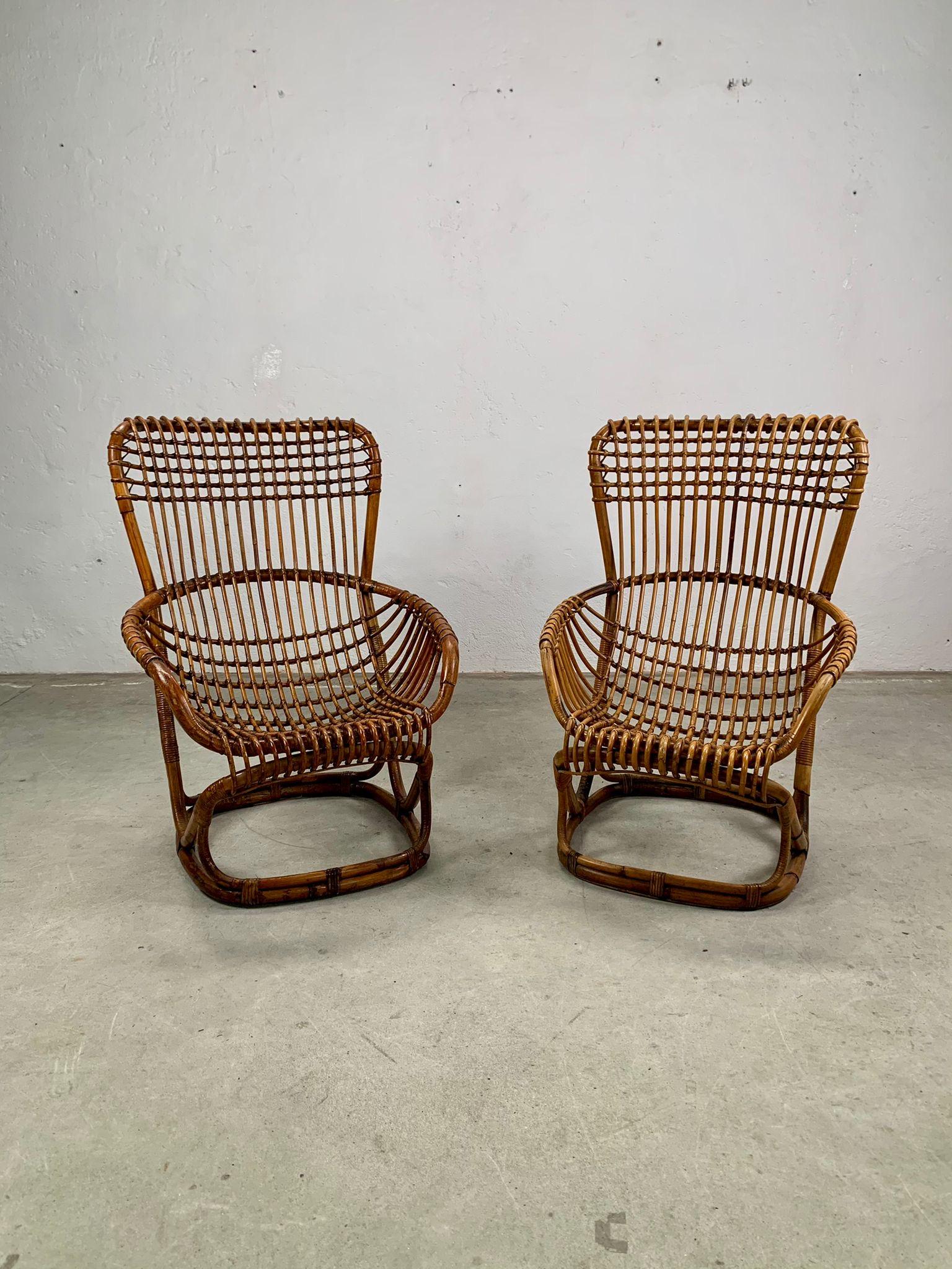 Pair of rattan armchairs by Tito Agnoli for Bonacina, Italy, 1959 1