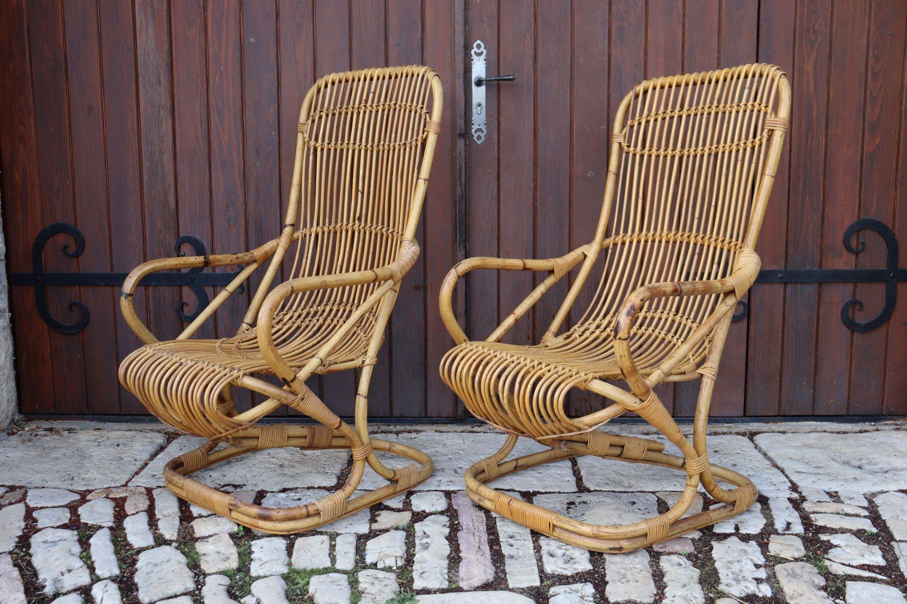 Italian Pair of Rattan Armchairs by Tito Agnoli For Sale