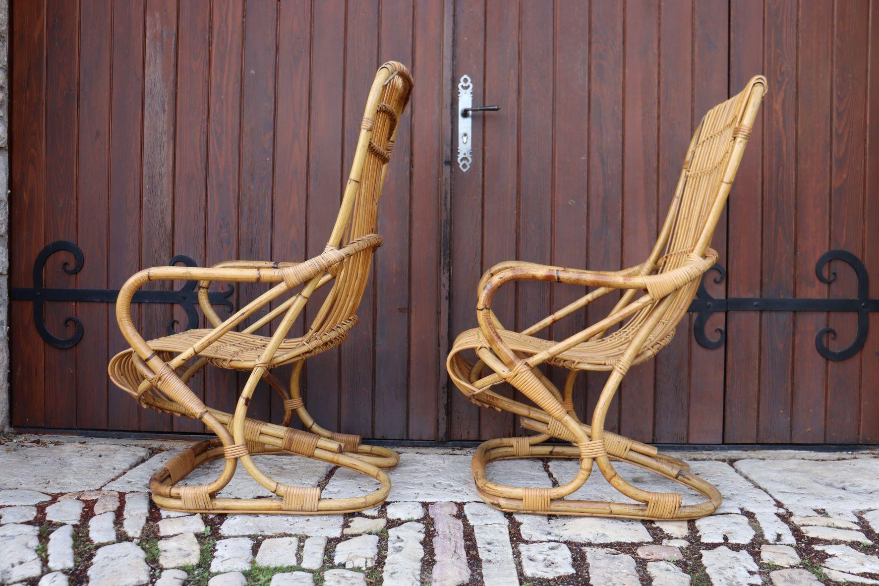 Pair of Rattan Armchairs by Tito Agnoli In Good Condition For Sale In charmes, FR