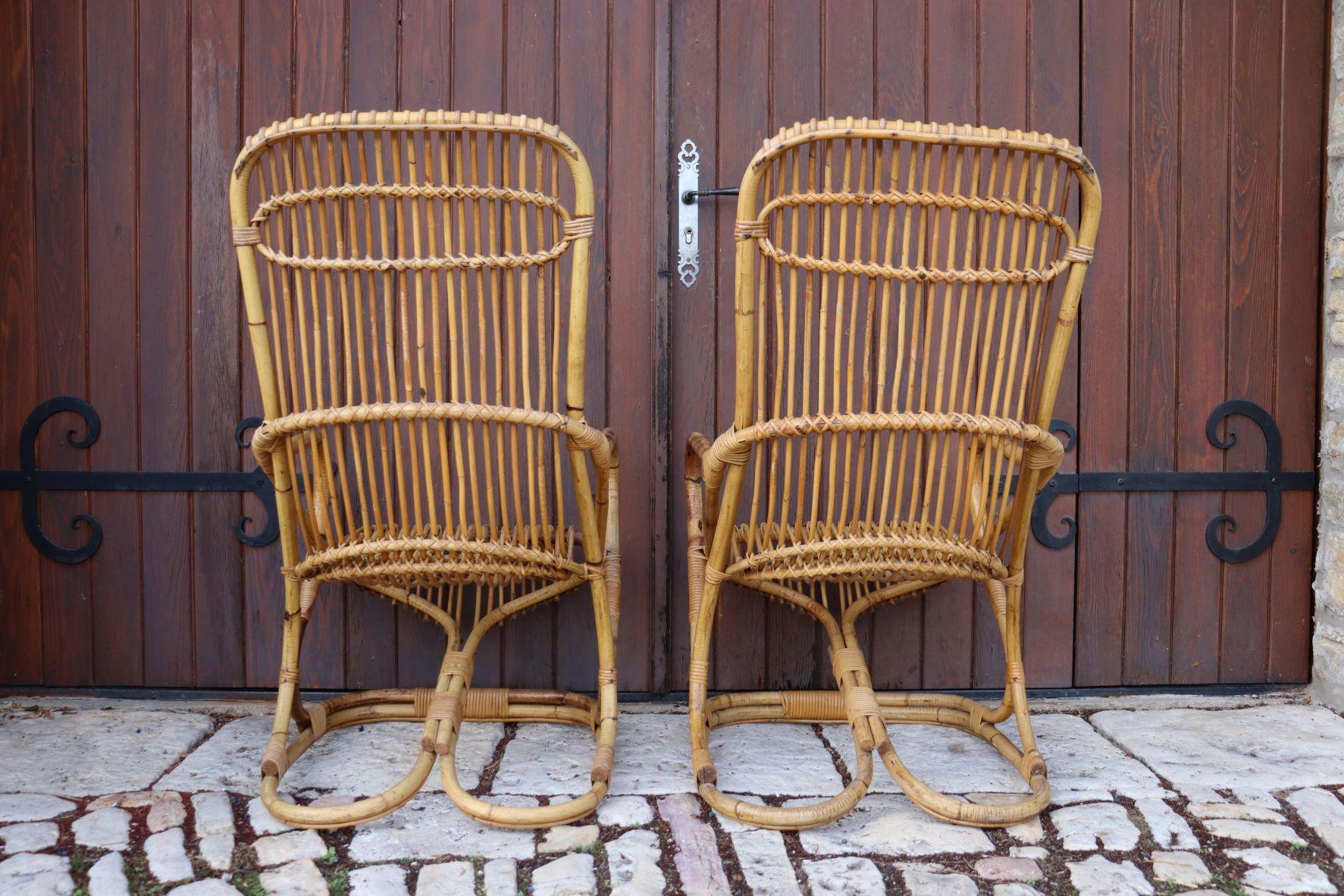 Mid-20th Century Pair of Rattan Armchairs by Tito Agnoli For Sale