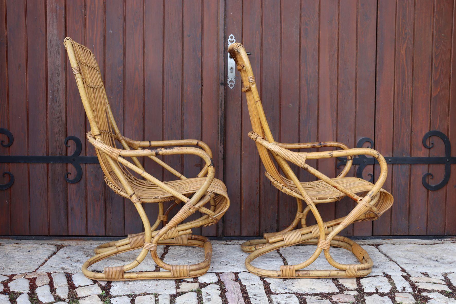 Pair of Rattan Armchairs by Tito Agnoli For Sale 2