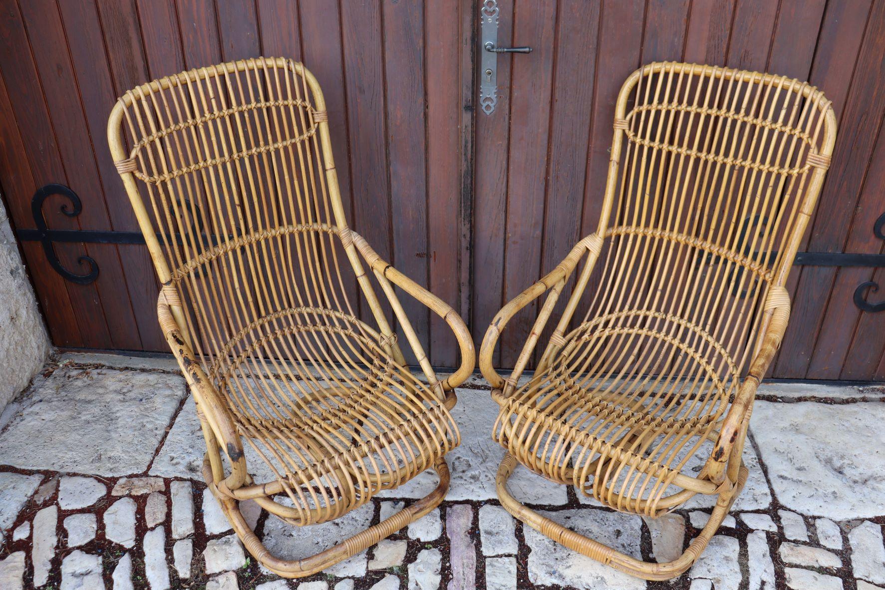 Pair of Rattan Armchairs by Tito Agnoli For Sale 3