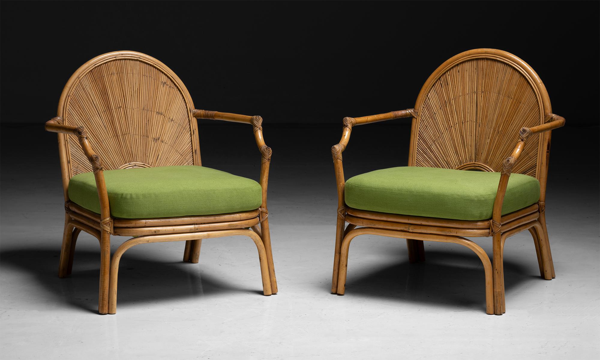 Pair of Rattan Armchairs

France circa 1960

In the style of Gabrielle Crespim newly upholstered in green linen by Pierre Frey.

Measures 26.25”w x 26”d x 32”h x 16”seat