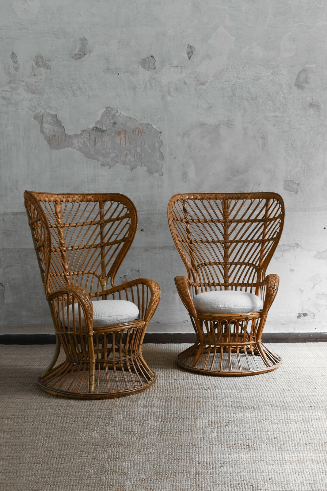 Pair of Rattan Armchairs in the style of “Biancamano” Model By Gio Ponti and Lio Carminati, Italy 1950
CUSHIONS ARE NOT INCLUDED - they can be made upon request and quoted separately.
Product Details
The “Biancamano” armchairs were designed in the