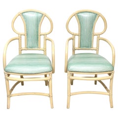 Vintage Pair of Rattan Armchairs, Willow and Reed, Midcentury, Brunschwig & Fils Fabric