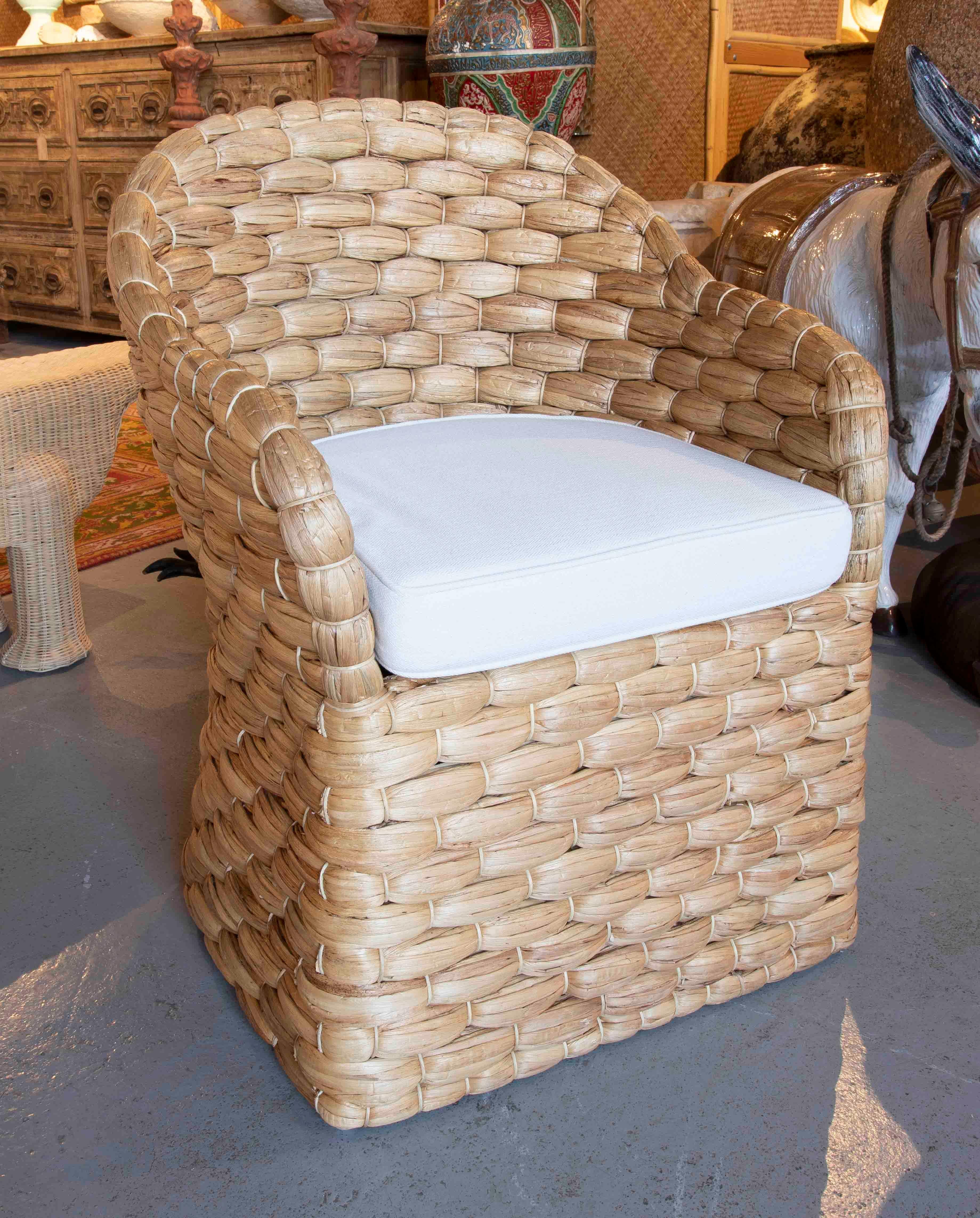 European Pair of Rattan Armchairs with Backrest and Cushions in White For Sale