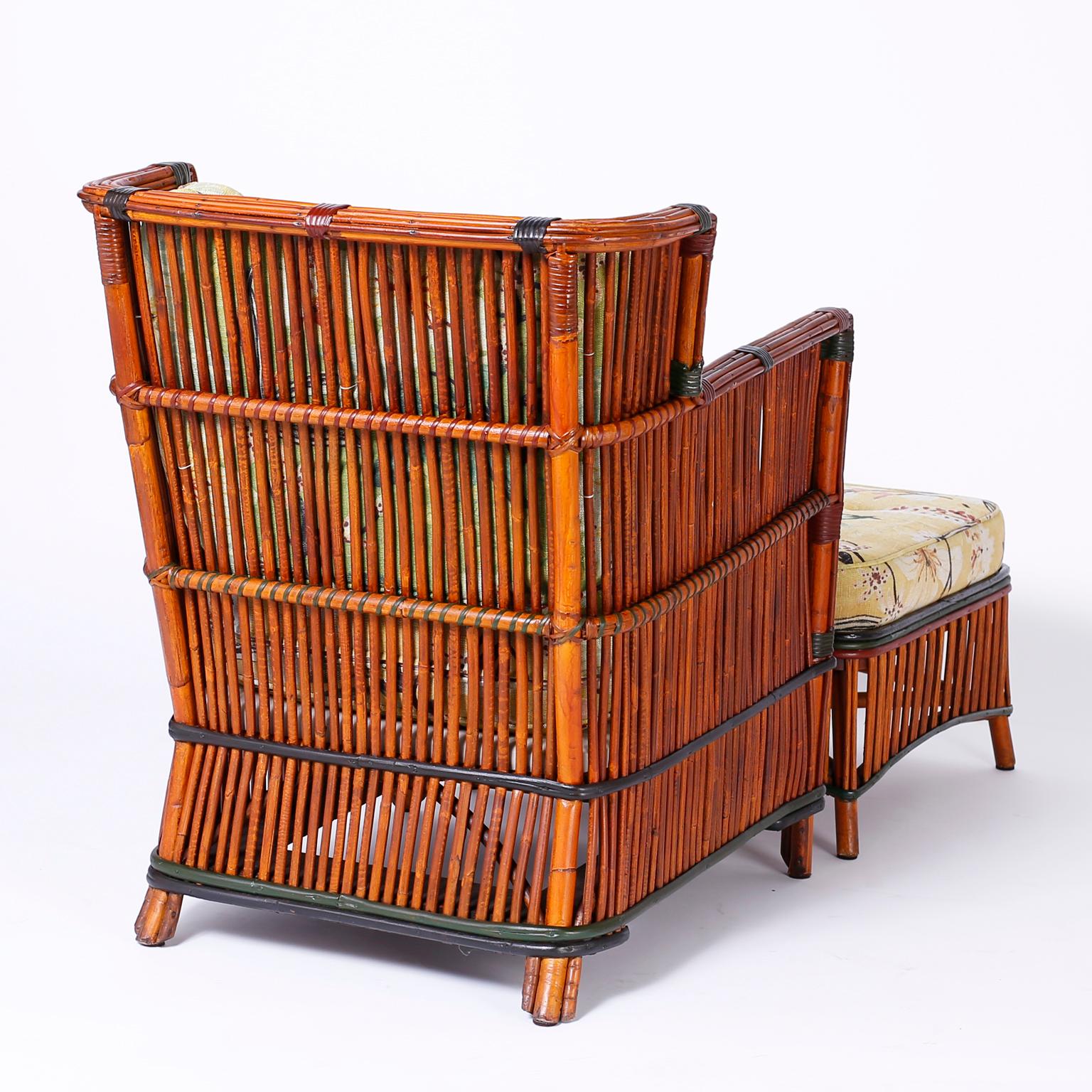 Art Deco Pair of Rattan Armchairs with Ottomans