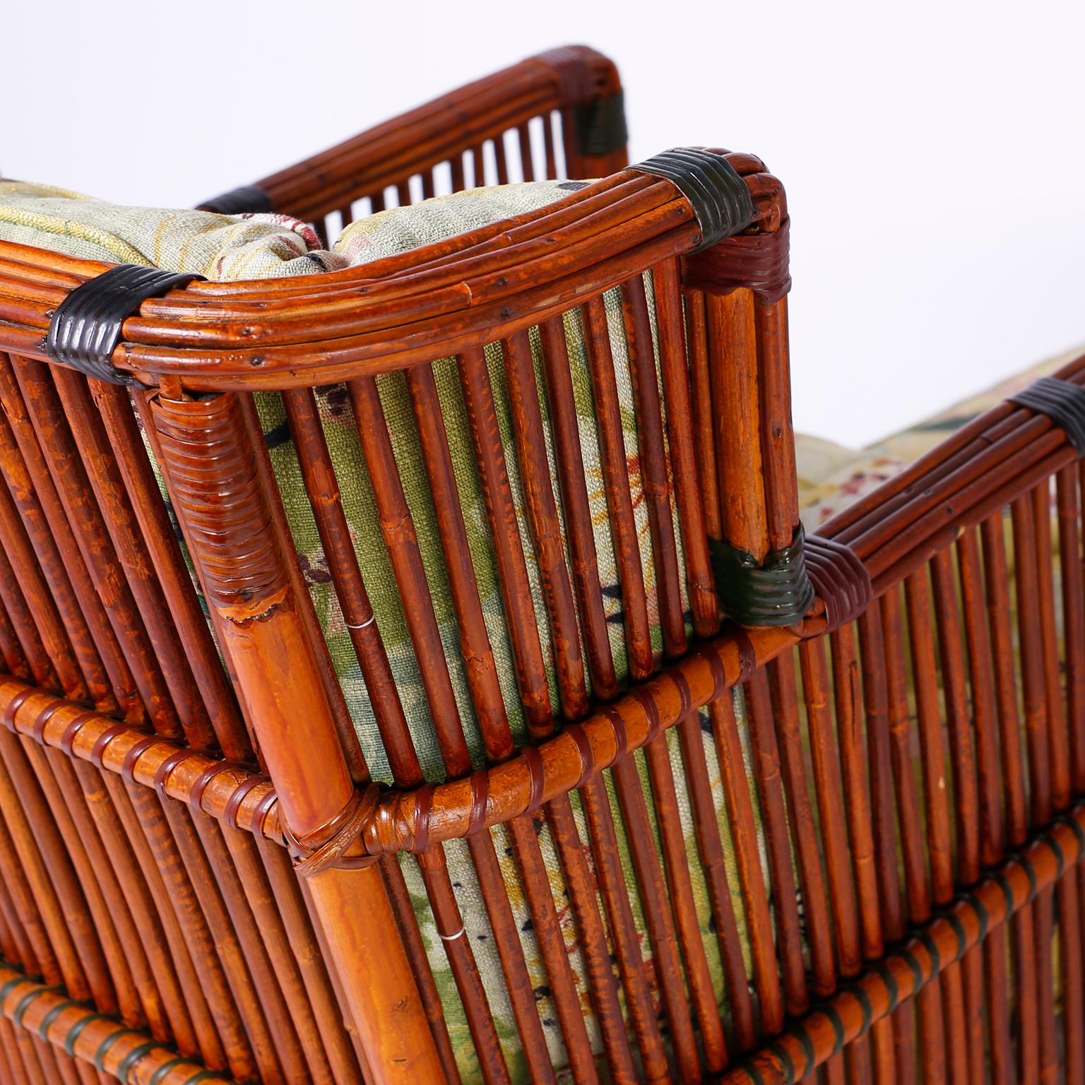 American Pair of Rattan Armchairs with Ottomans